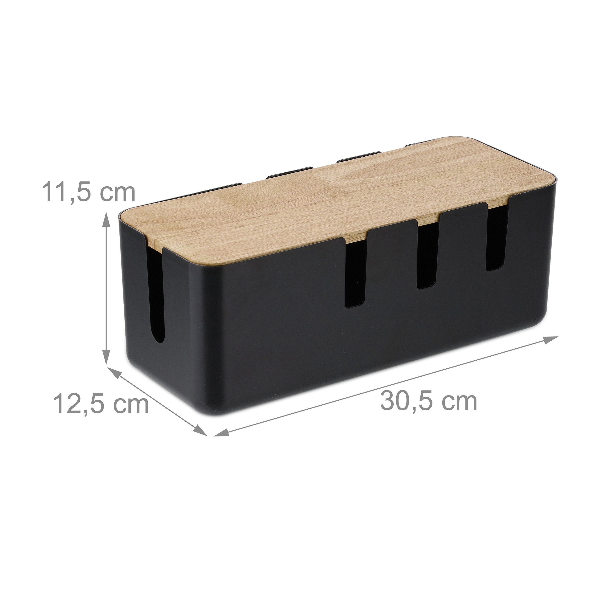 Schwarze Kabelbox mit Holzdeckel, Abmessungen 30,5 x 12,5 x 11,5 cm.
