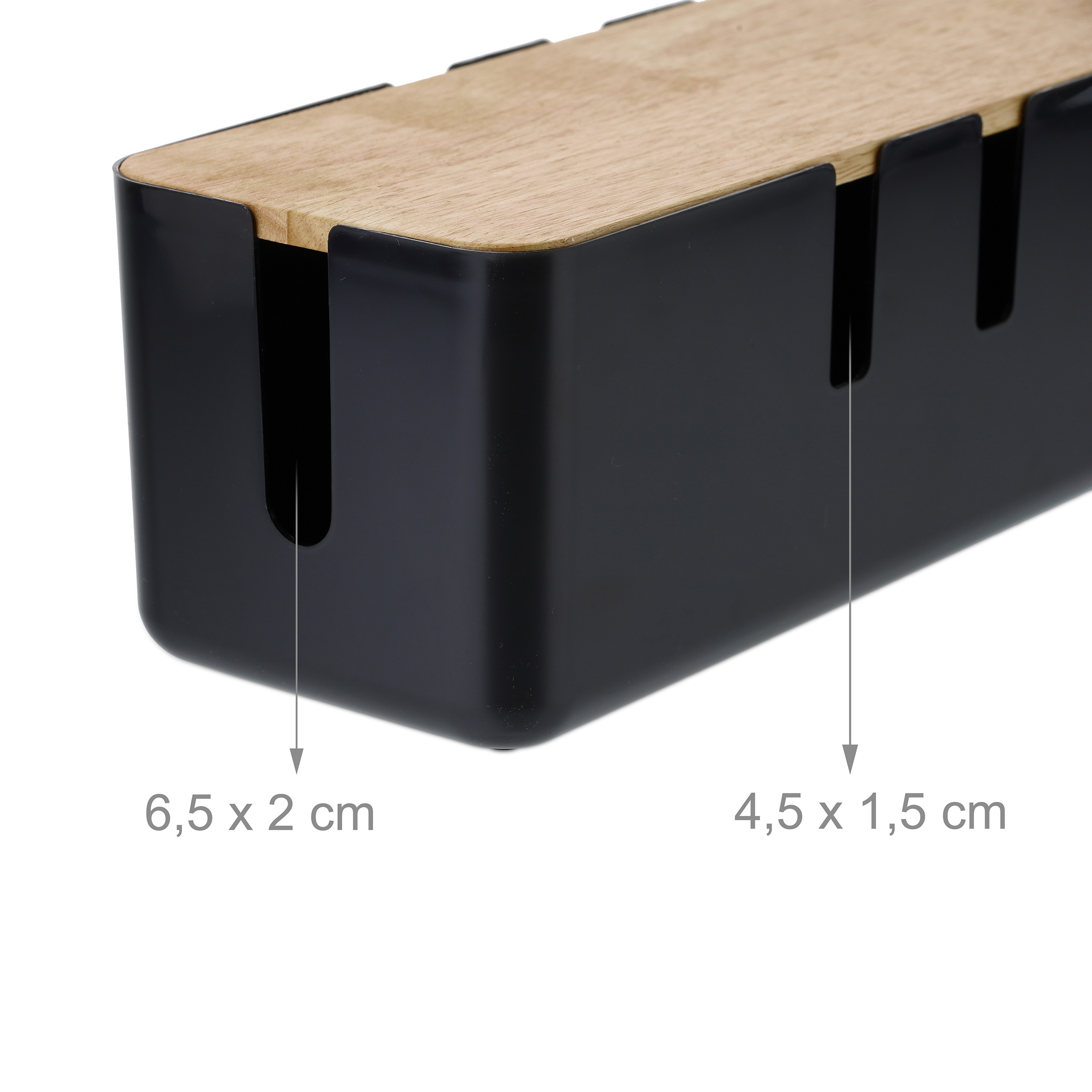Schwarze Kabelbox mit Holzdeckel und Grössenangaben in Zentimetern.