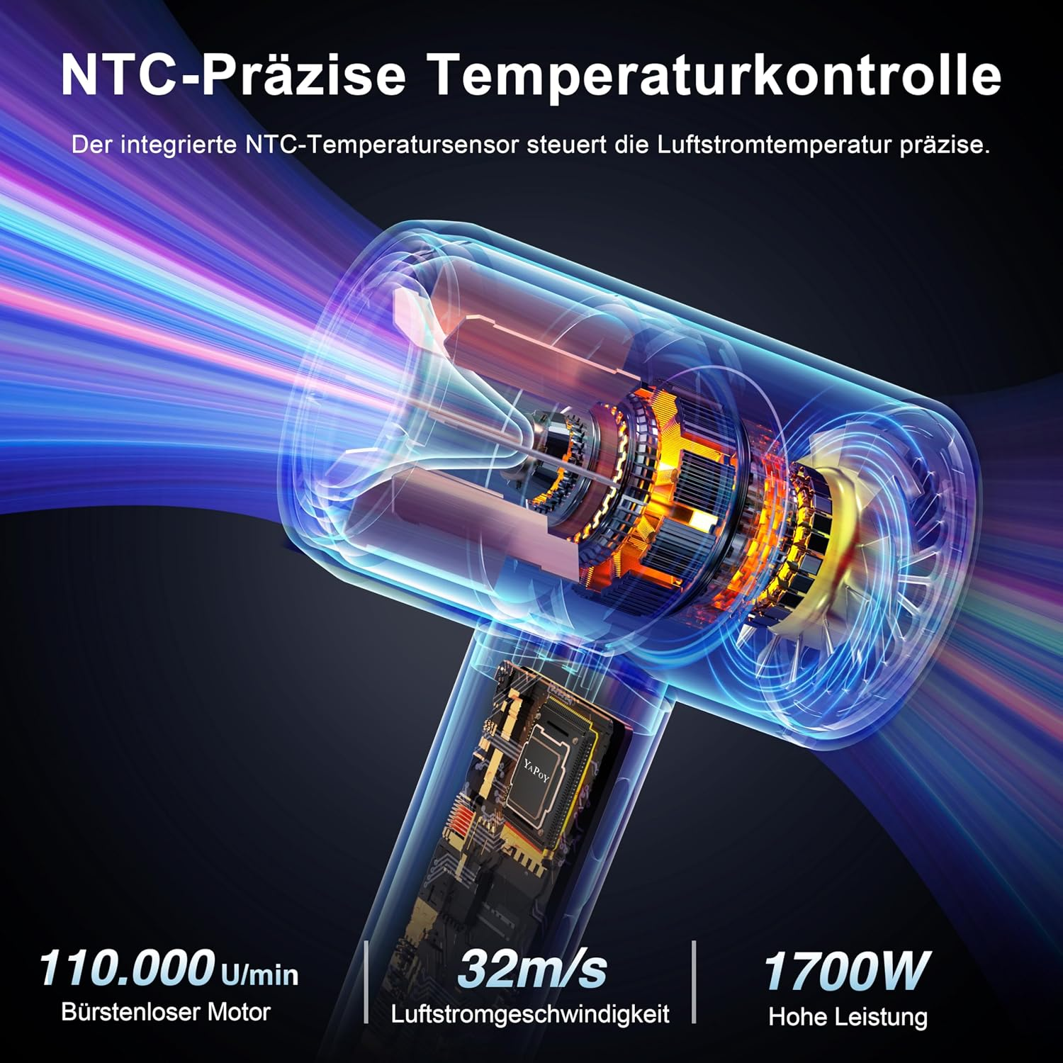 Transparenter Haartrockner zeigt den internen Motor, die Elektronik und blaue Lichtstrahlen.