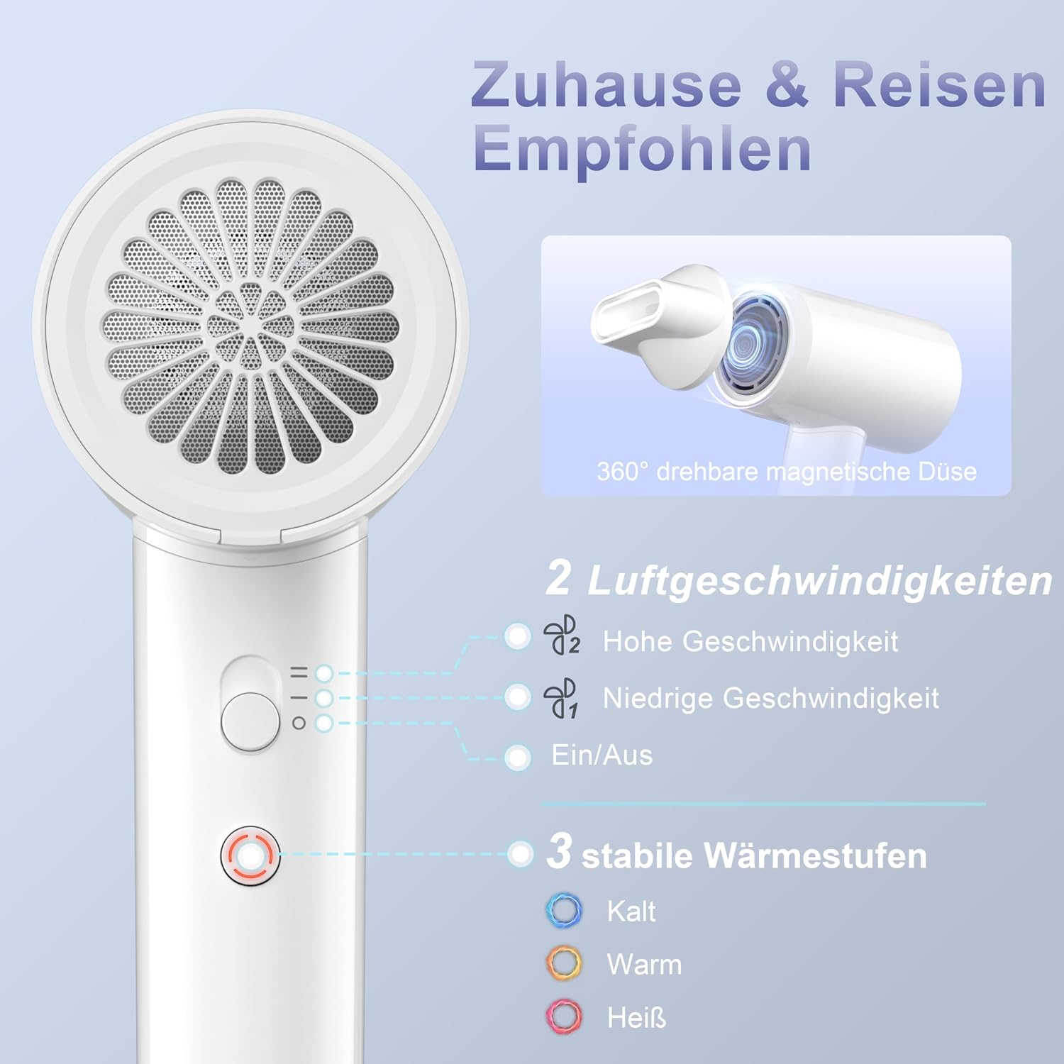 Weißer Haartrockner mit magnetischer Düse, zwei Geschwindigkeiten und drei Wärmestufen auf blauem Hintergrund.