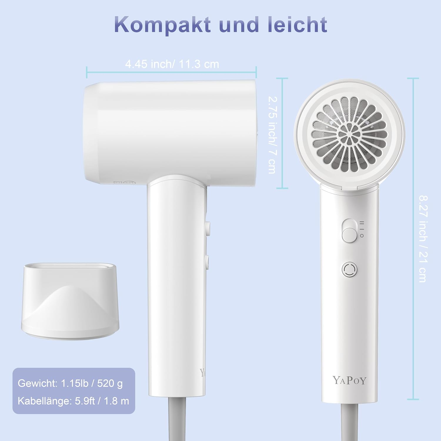 Weißer kompakter Haartrockner mit Aufsatz, Abmessungen und Gewichtsangabe auf hellem Hintergrund.
