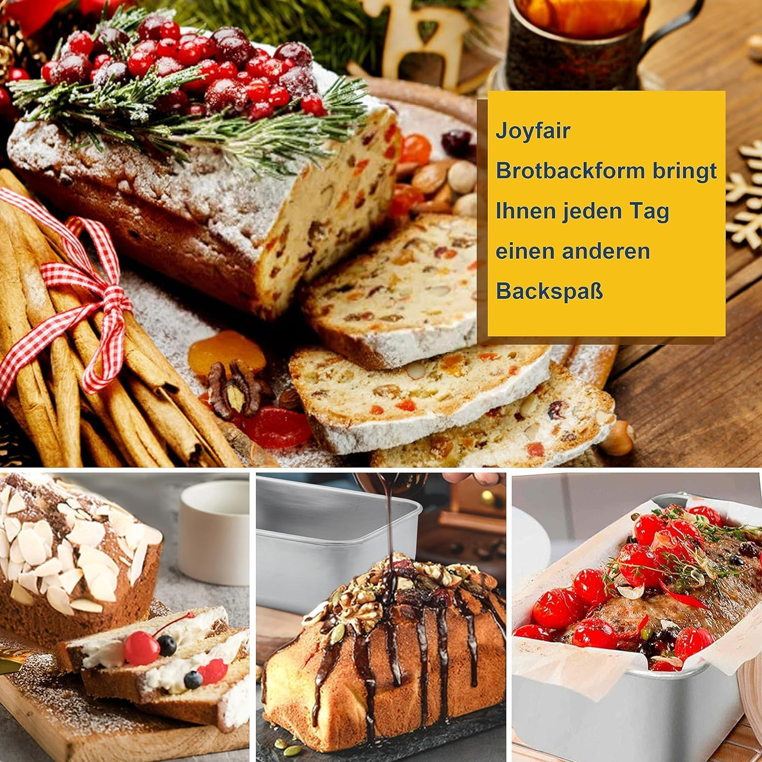 Verschiedene Kuchen und Backwaren, darunter Stollen mit Cranberries und Schokoladenkuchen, auf holzigem Hintergrund.