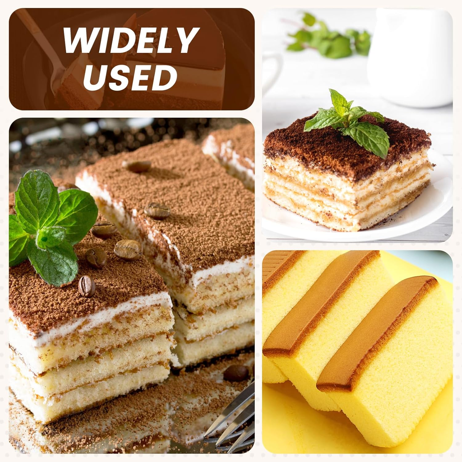 Eine Collage verschiedener Kuchen, darunter Tiramisu mit Kakao, Minze und Kaffeebohnen sowie gelber Biskuitkuchen.