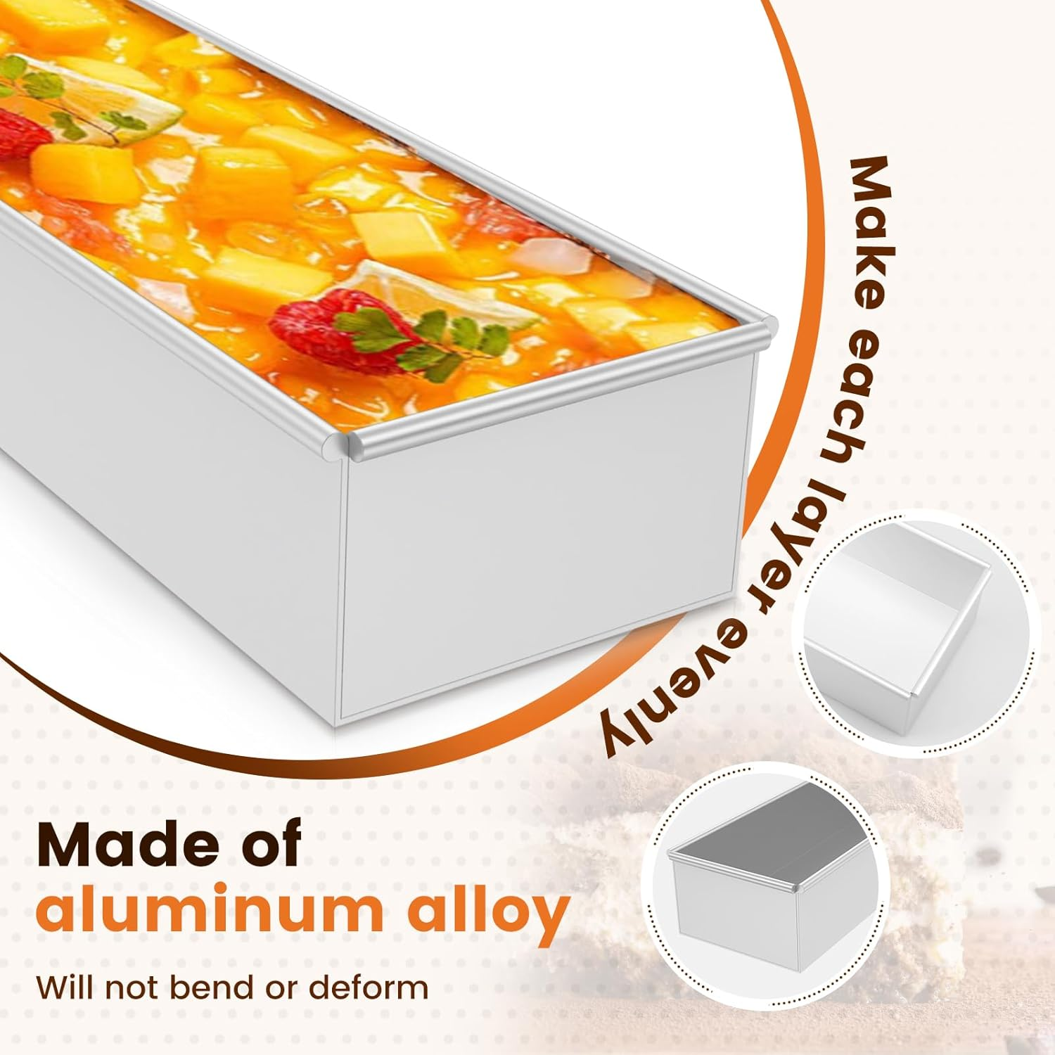Eine rechteckige Backform aus Aluminiumlegierung mit gelbem Frucht-Dessert und zwei kleineren Detailansichten.