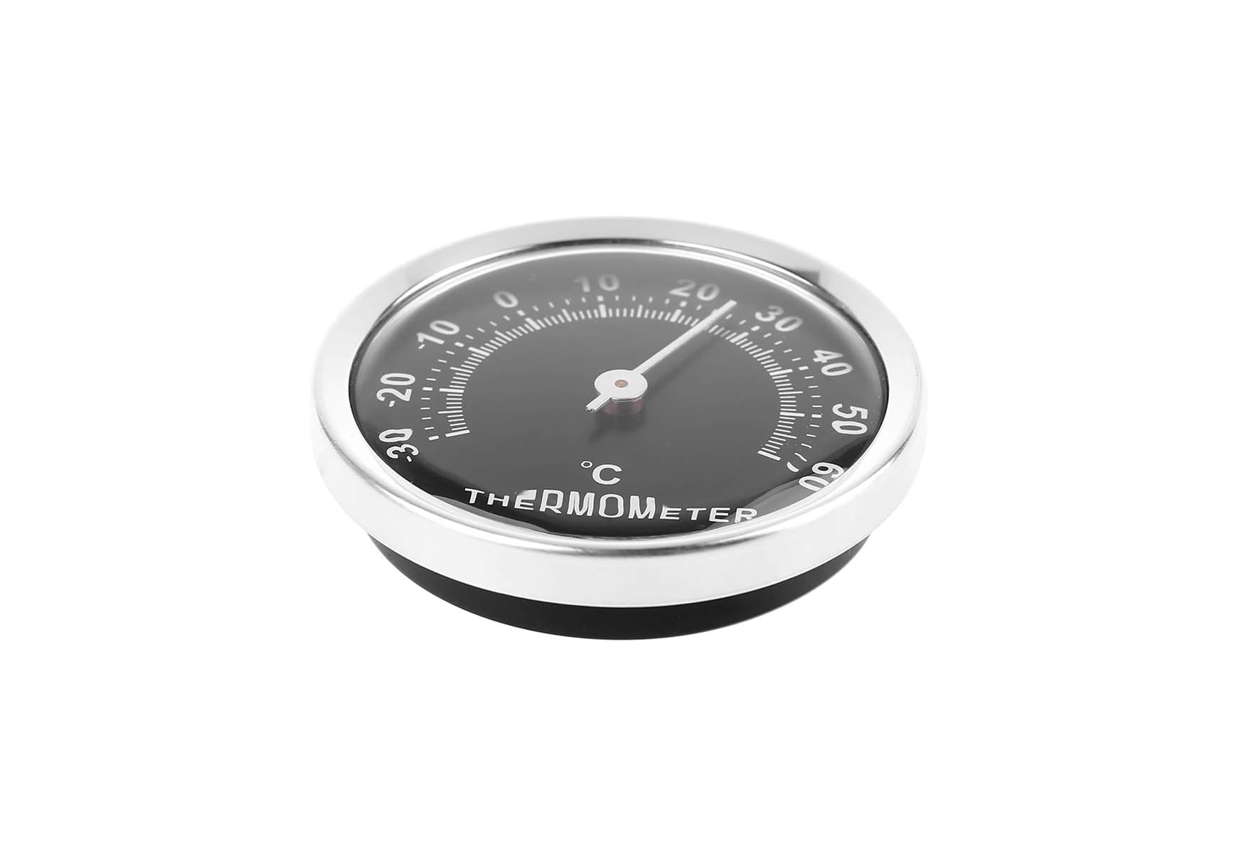 Ein rundes Analogthermometer mit schwarzem Zifferblatt und silbrigem Rand auf weißem Hintergrund.