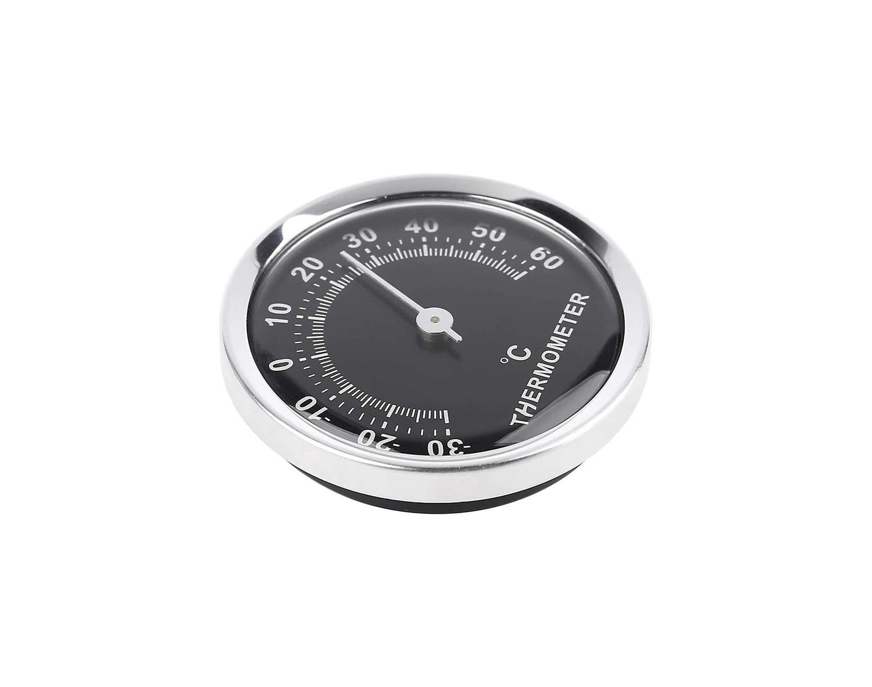 Ein rundes Thermometer mit schwarzem Zifferblatt, silbernem Rand und weißen Celsius-Zahlen auf weißem Hintergrund.