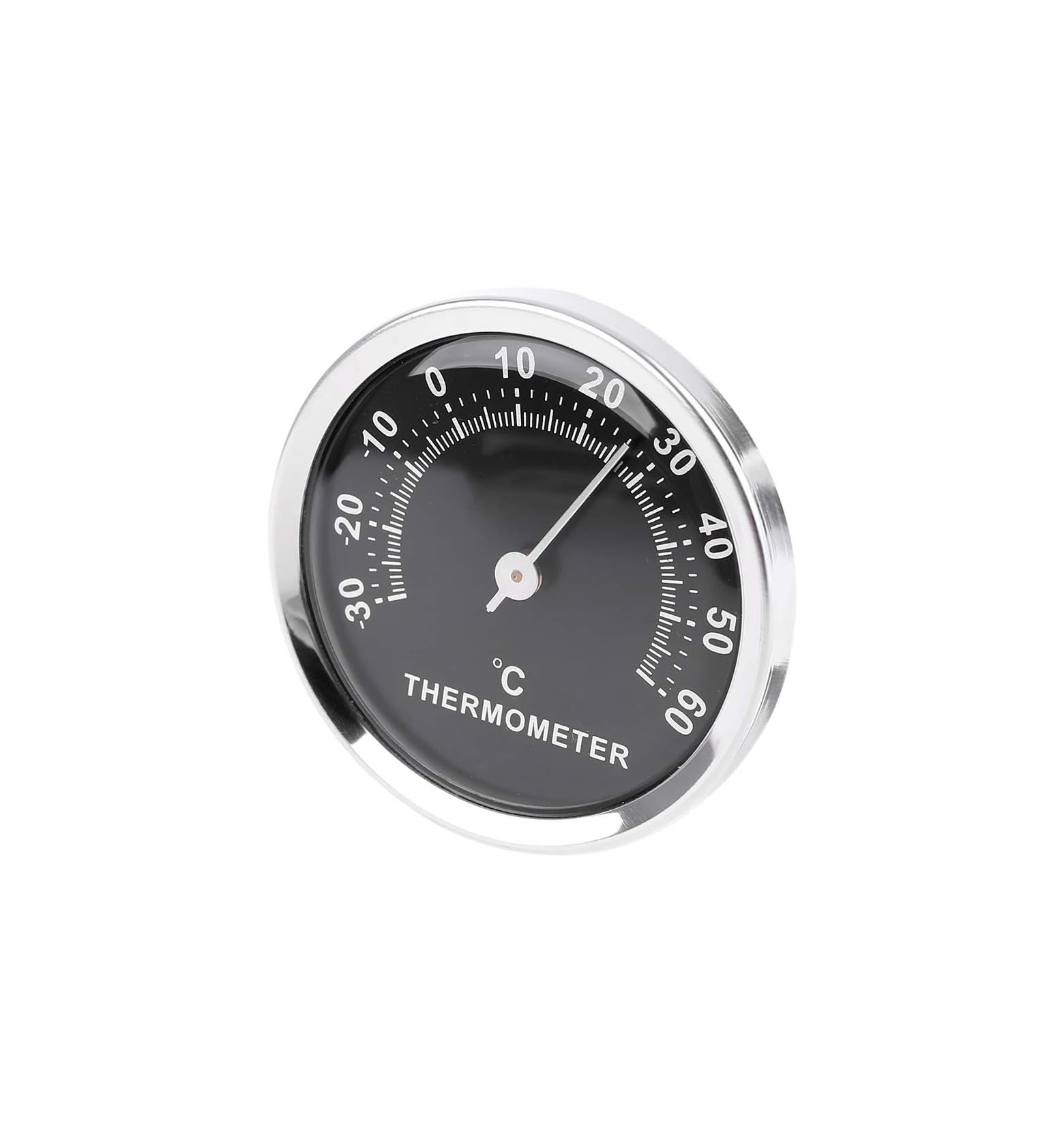 Ein kreisrundes Thermometer mit schwarzem Zifferblatt, silbernem Rand und weißer Celsius-Skala auf weißem Hintergrund.