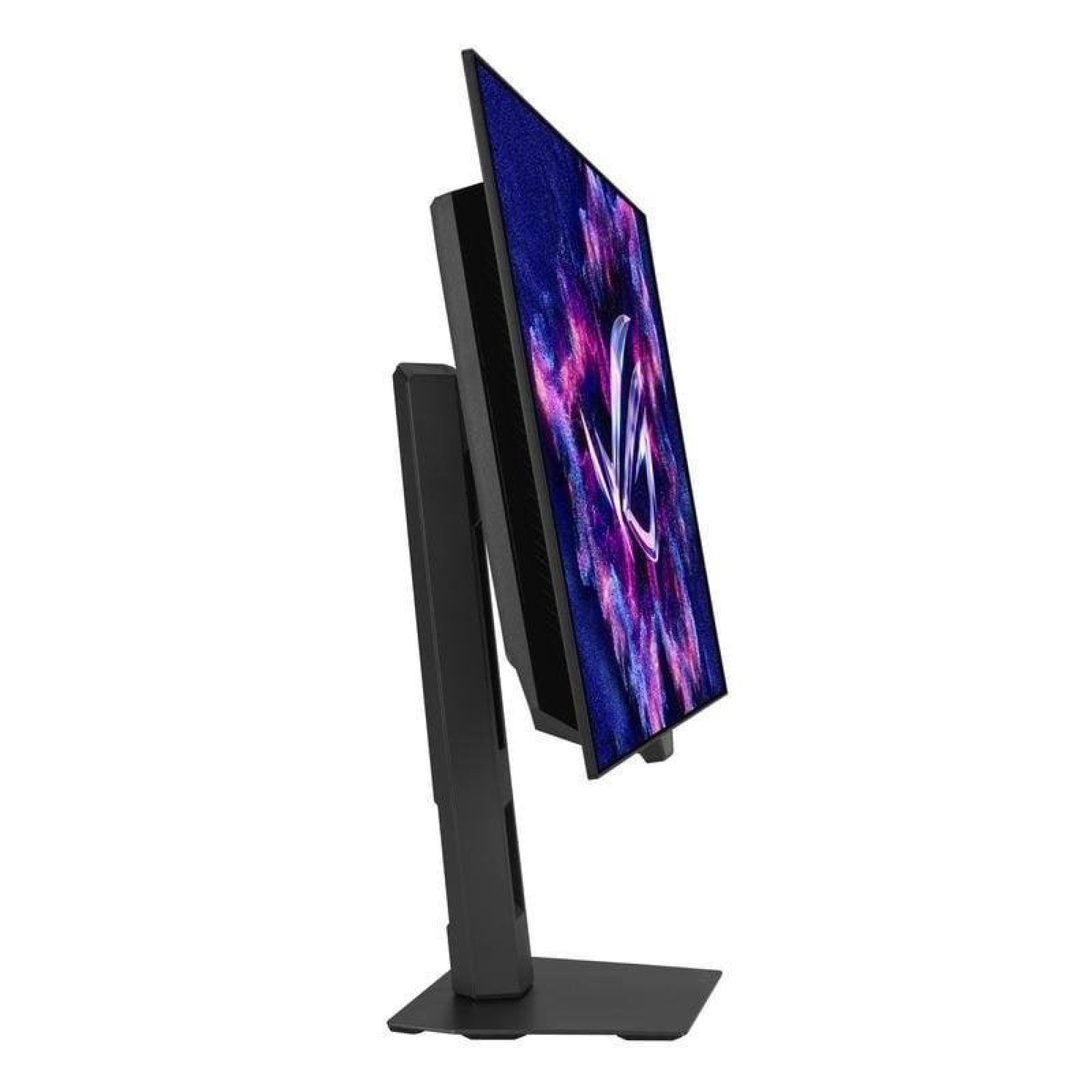 Un monitor nero con uno sfondo astratto viola e blu su fondo bianco, visto di lato.