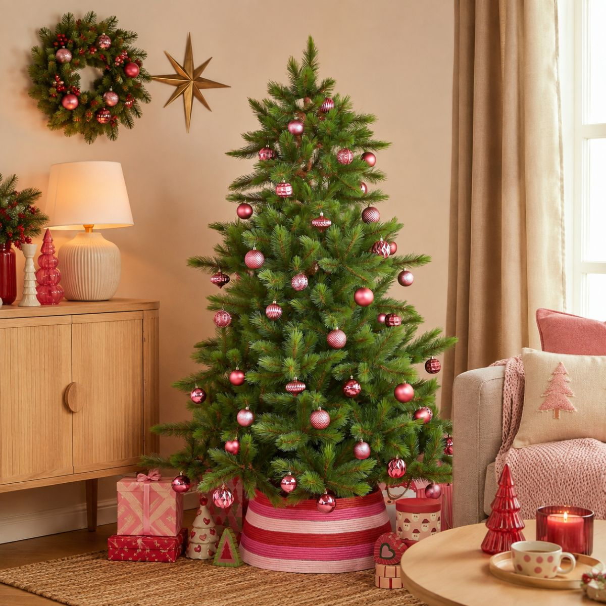 Un sapin de Noël décoré de boules roses se trouve dans le salon près de cadeaux, d'un meuble et d'un canapé.