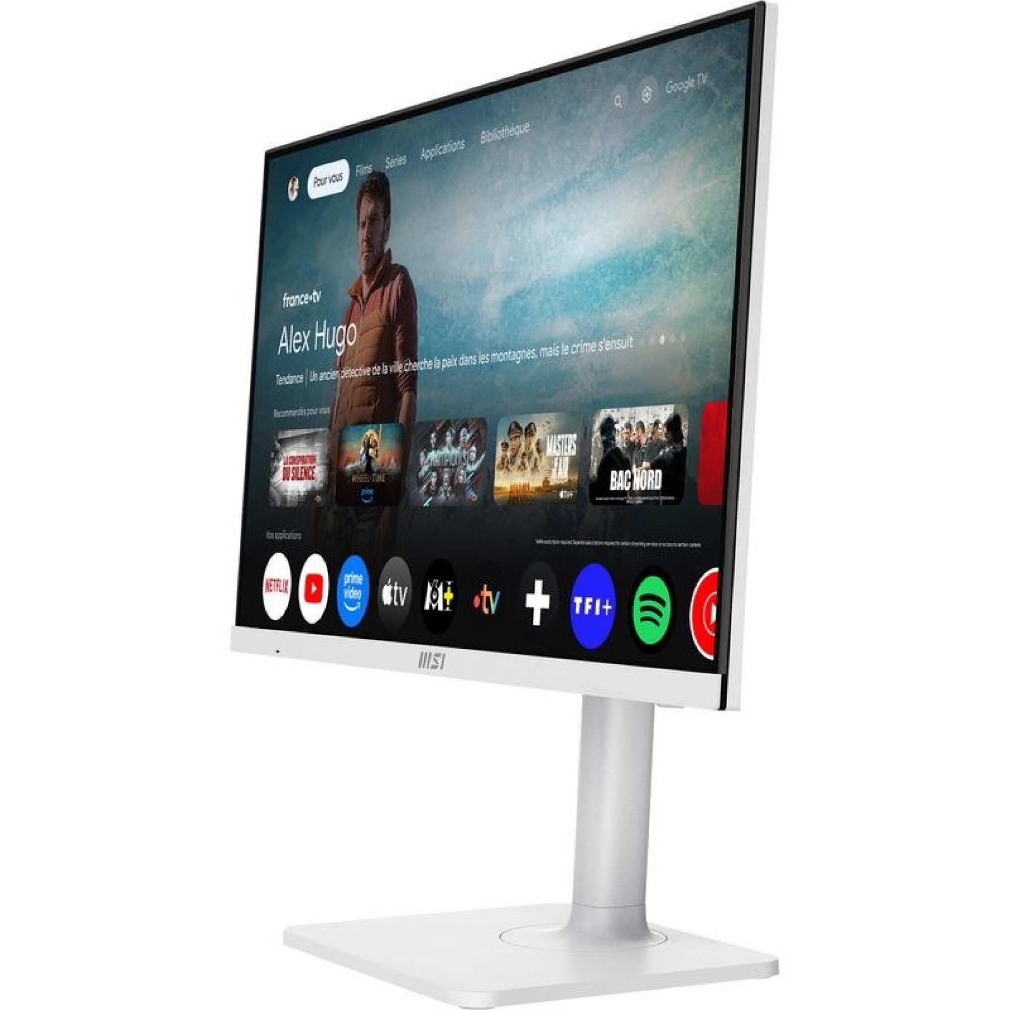 Un monitor smart MSI bianco mostra l'interfaccia utente di Google TV con app di streaming e contenuti.
