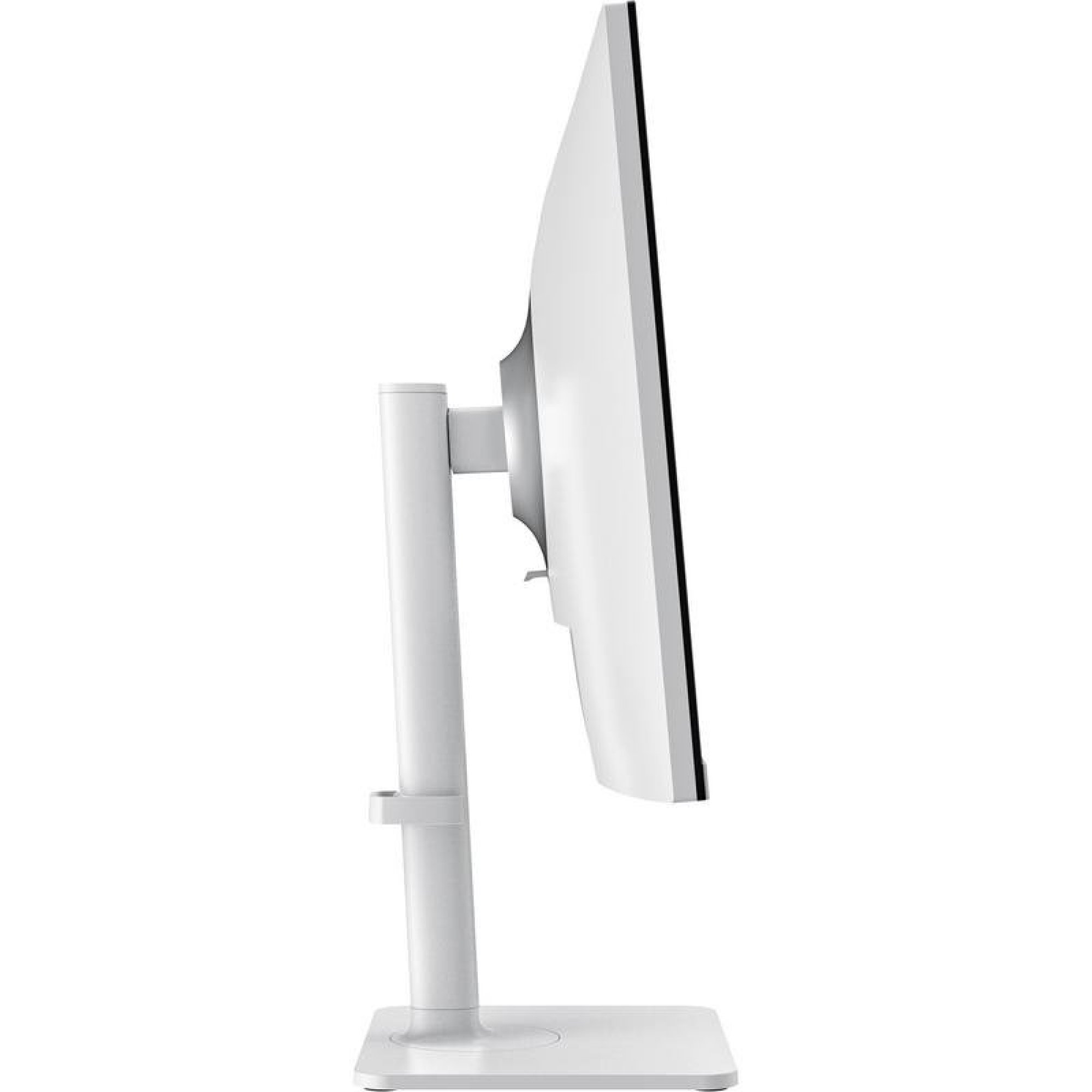 Vista laterale di un monitor di computer bianco su supporto regolabile con sfondo neutro.