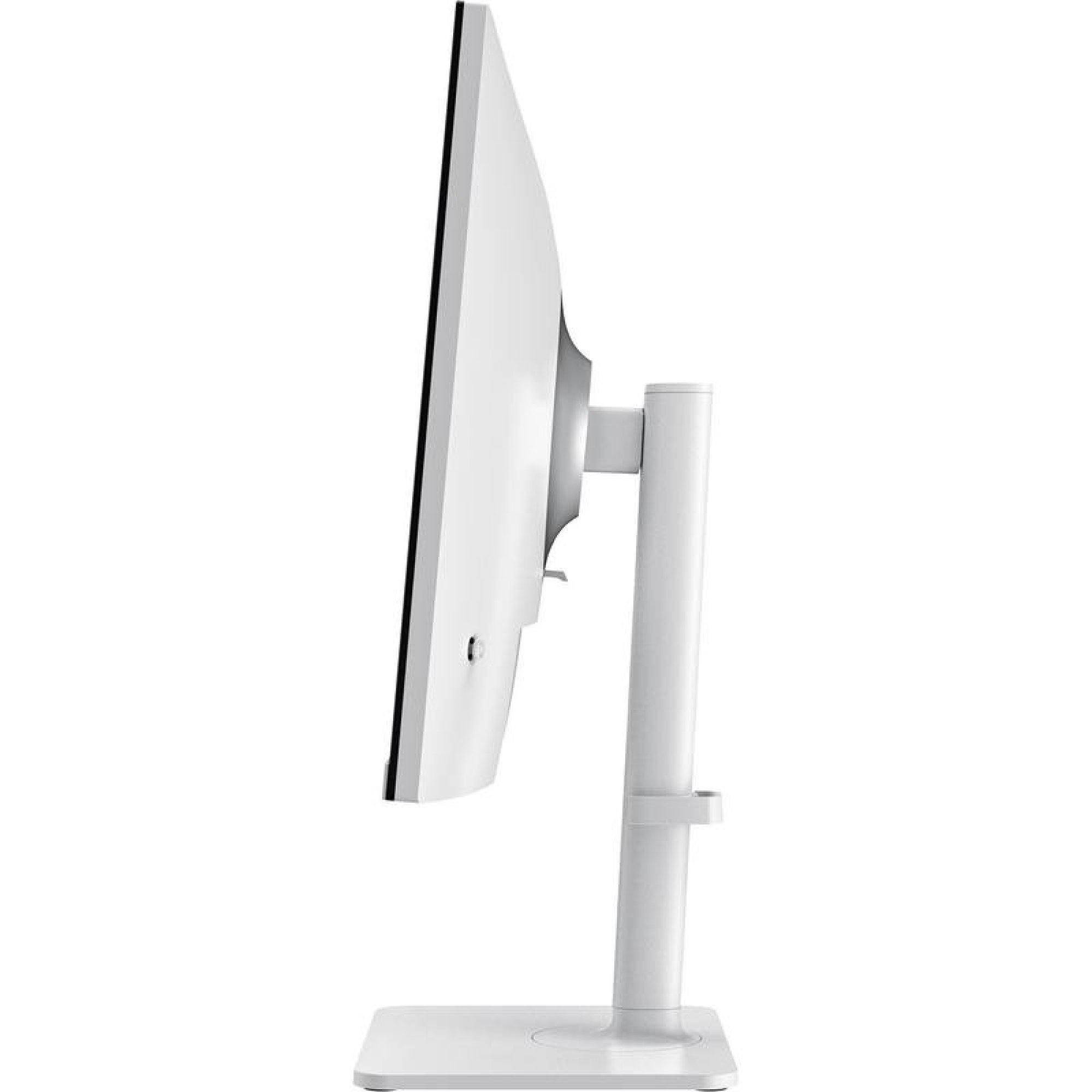 Vista laterale di un monitor per computer bianco su supporto regolabile su sfondo bianco.