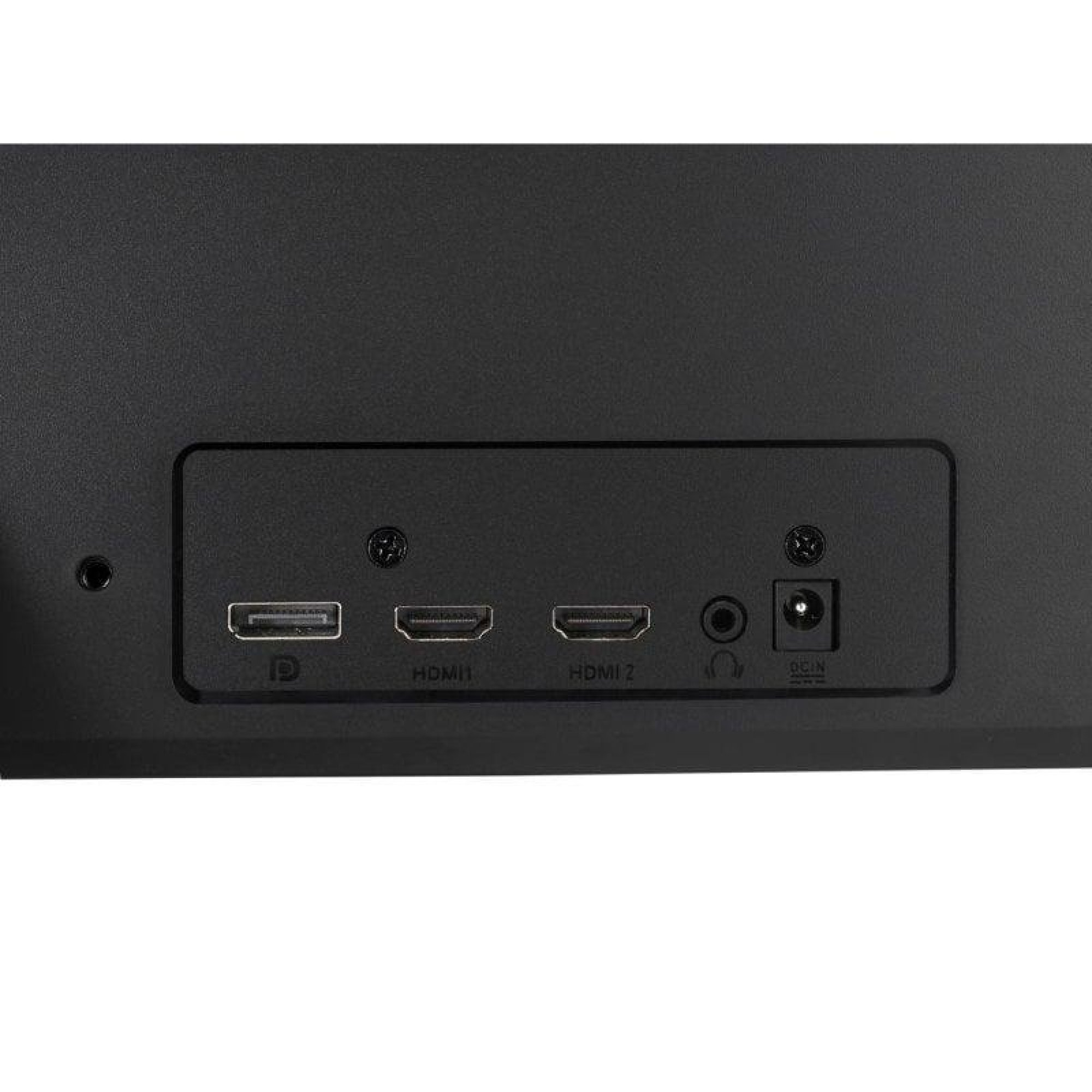 Pannello delle porte posteriori di un monitor nero con DisplayPort, due HDMI, jack audio e ingresso di alimentazione.