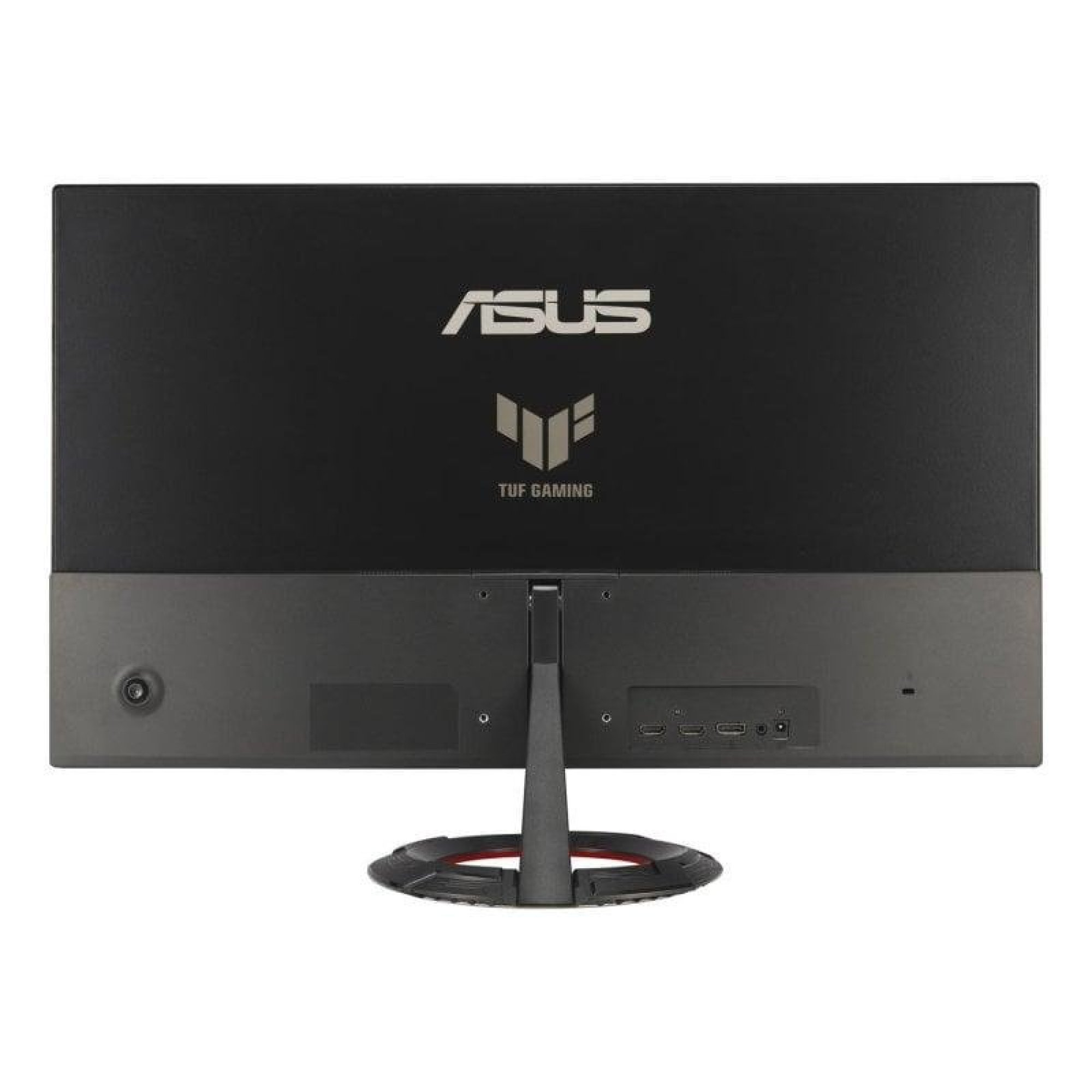 Vista posteriore di un monitor nero Asus TUF Gaming con supporto e porte su sfondo bianco.