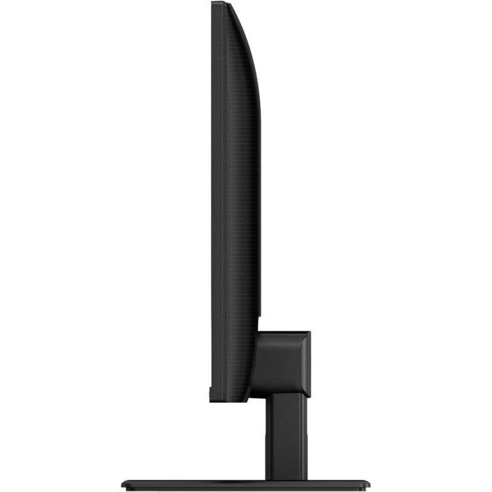 Vista laterale di un sottile monitor per computer nero su supporto, con sfondo bianco.