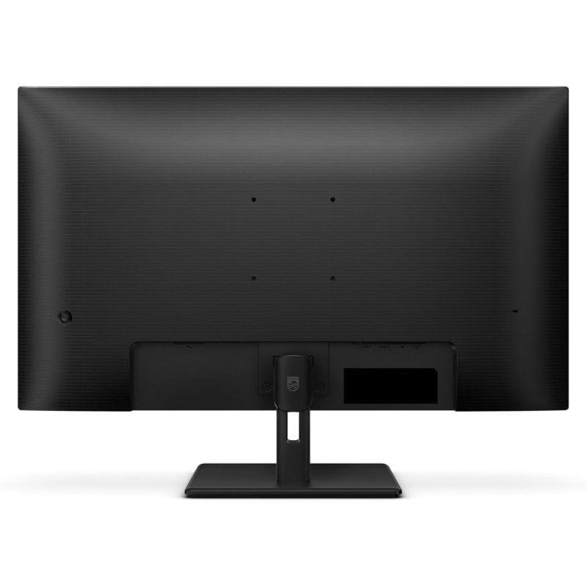 Vista posteriore di un monitor nero con supporto su sfondo bianco.