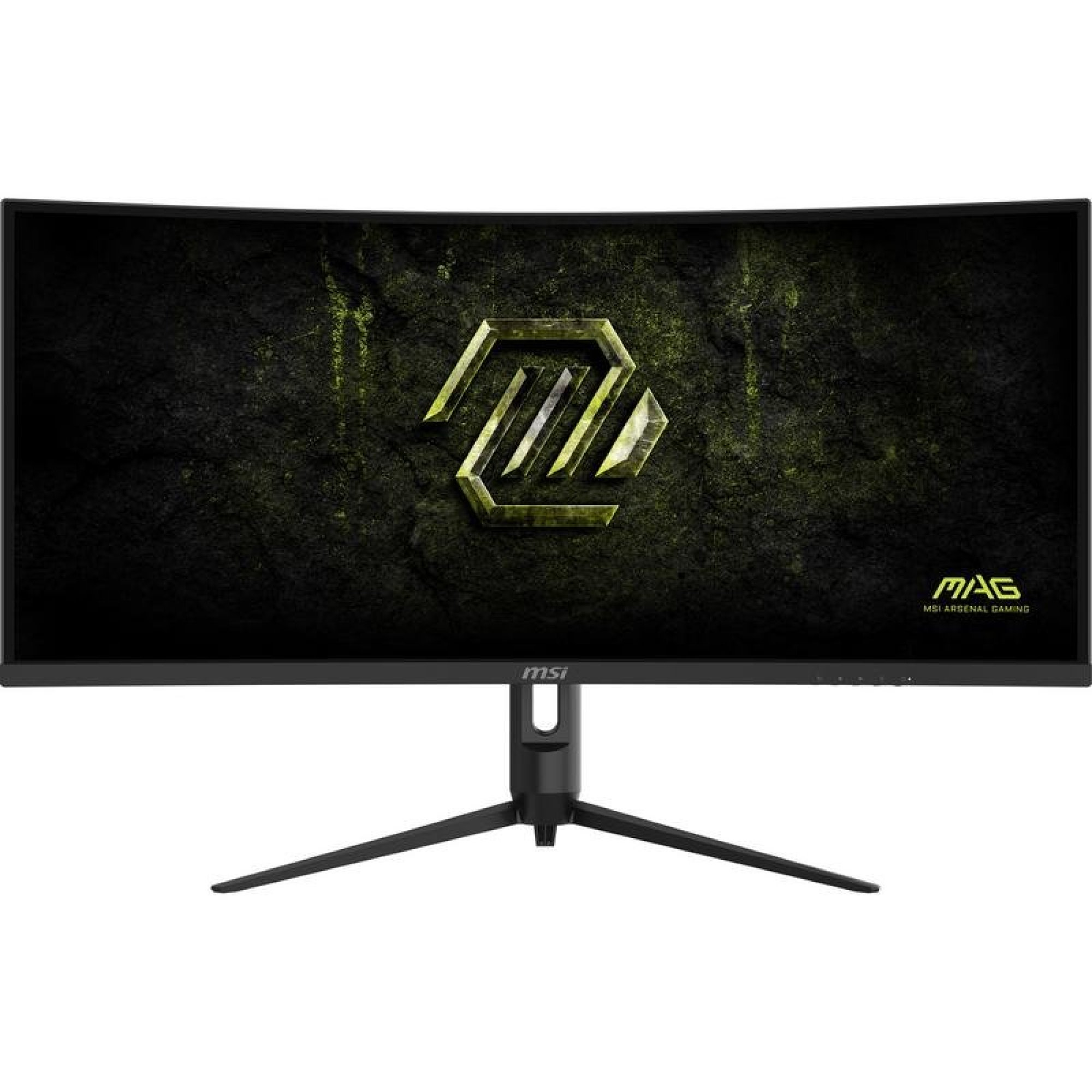 Yeşil arka plana sahip siyah ayaklı kavisli bir MSI oyun monitörü.