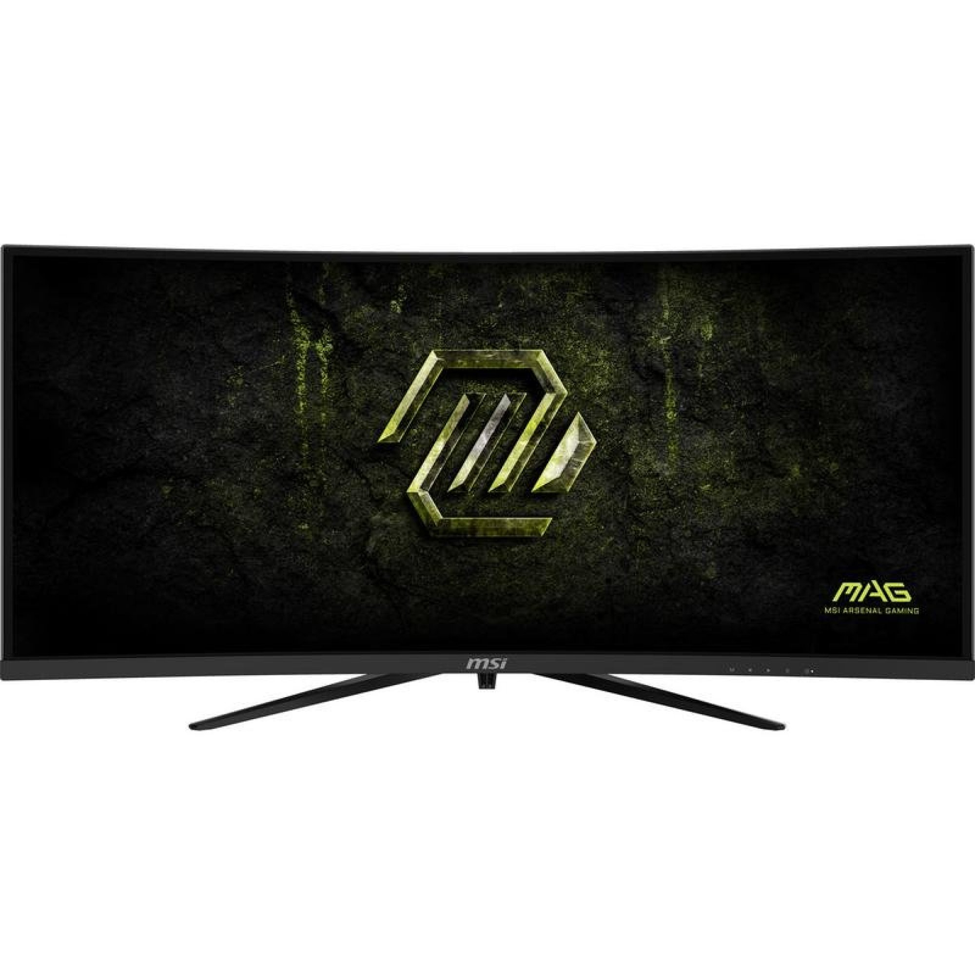 Koyu arka plan üzerinde altın rengi bir logo gösteren kavisli bir MSI MAG oyuncu monitörü.