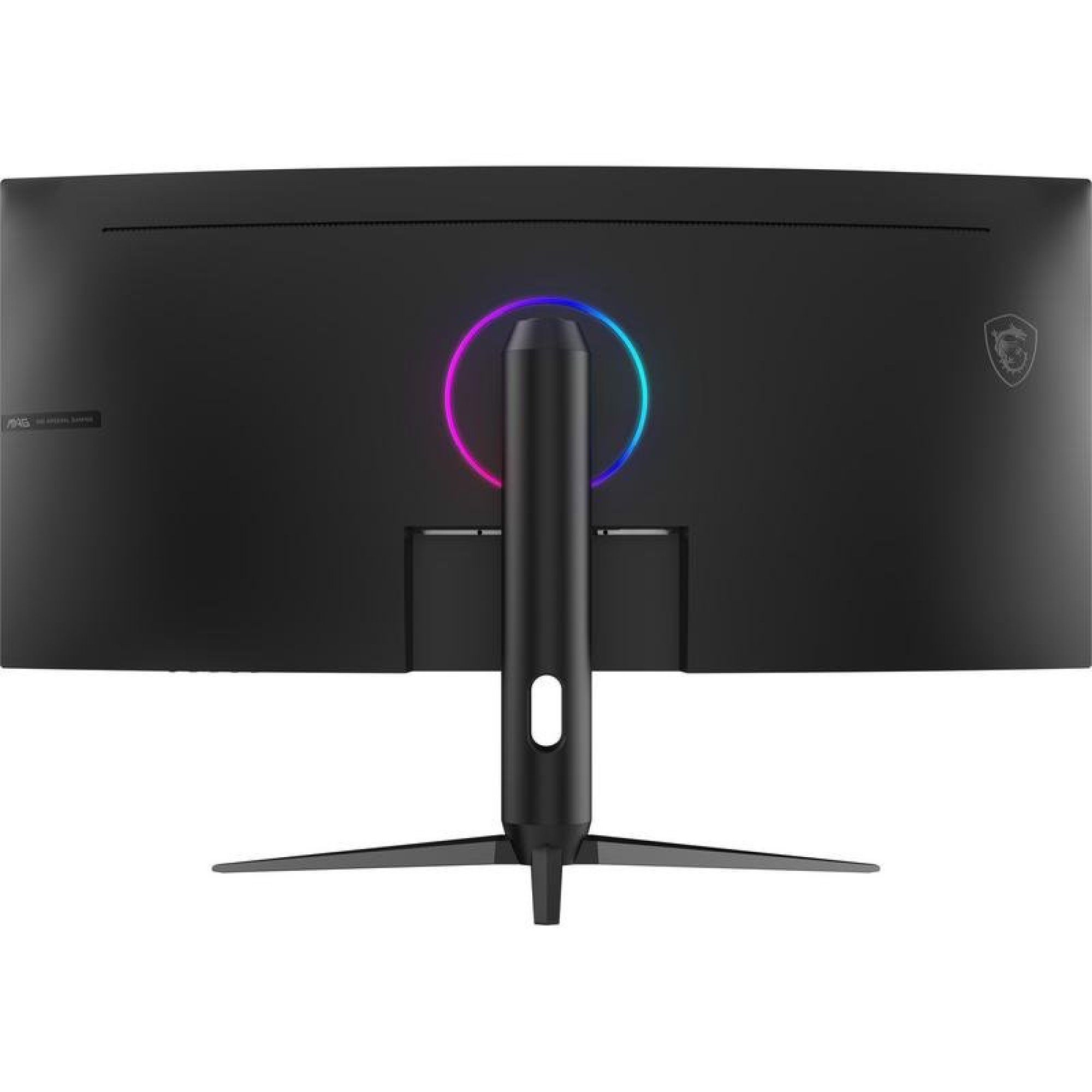 Parlayan bir RGB halkasına sahip kavisli siyah bir bilgisayar monitörünün arkadan görünümü.