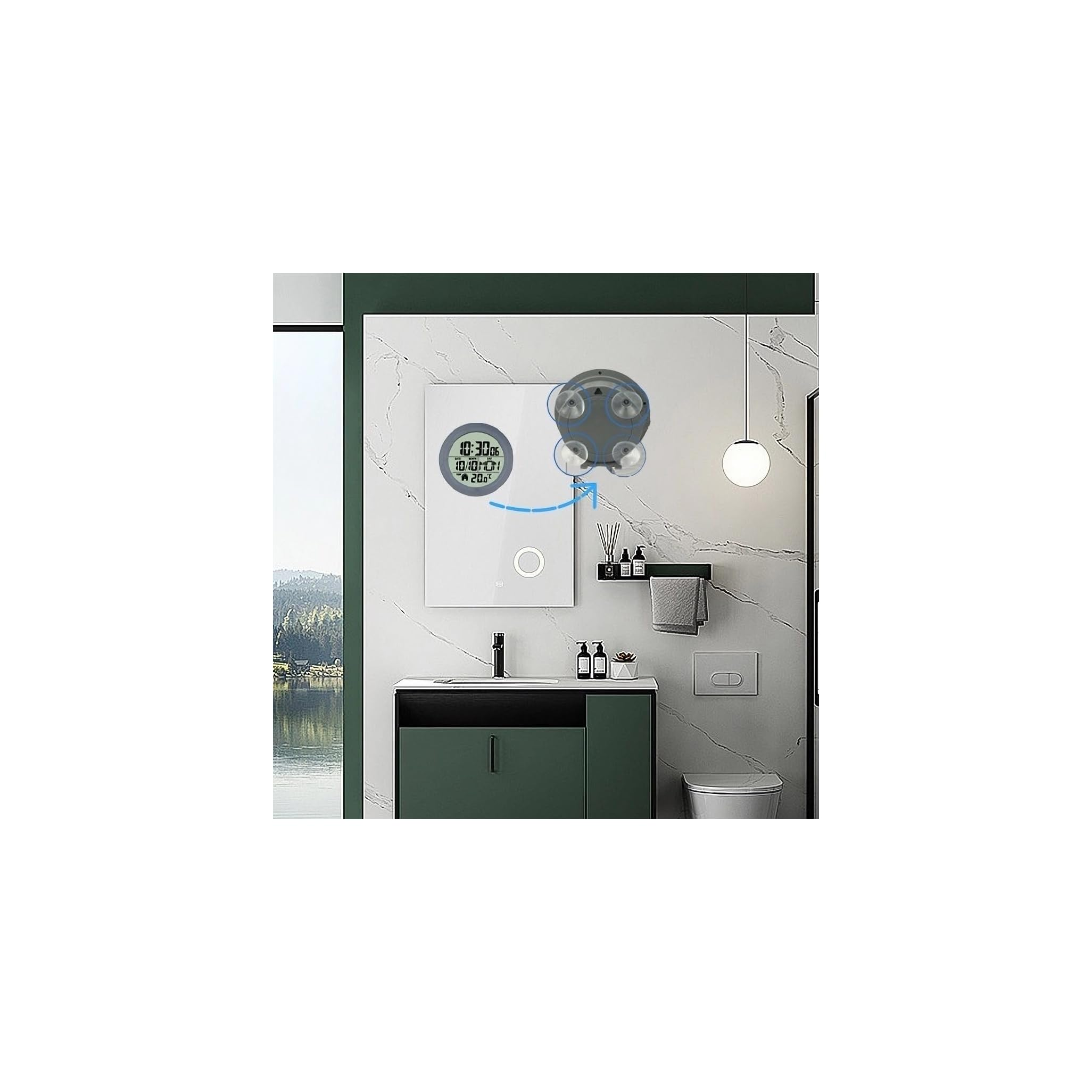 Moderne Badezimmereinrichtung mit digitaler Uhr an weißer Marmorwand, Waschbeckenunterschrank und Toilette.