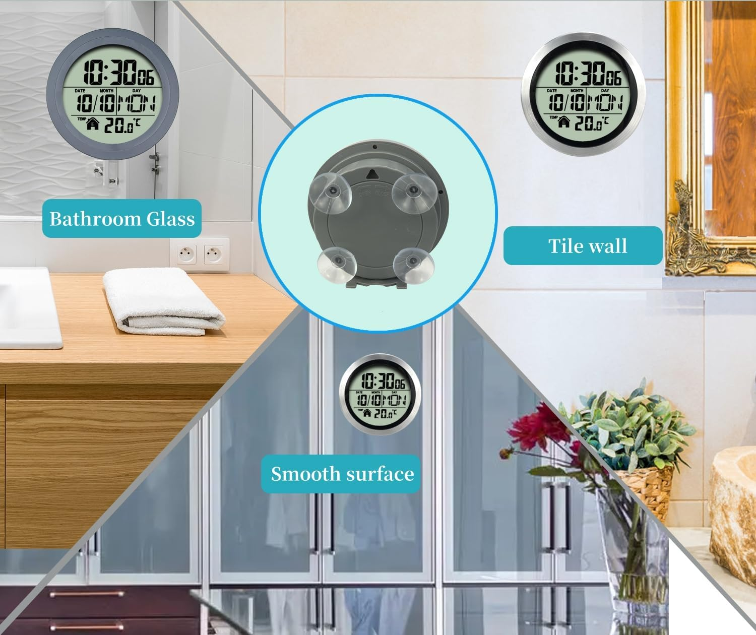 Digitale Uhr mit Saugnäpfen auf der Rückseite, dargestellt in verschiedenen Einsatzszenarien wie Glas und Fliesen.