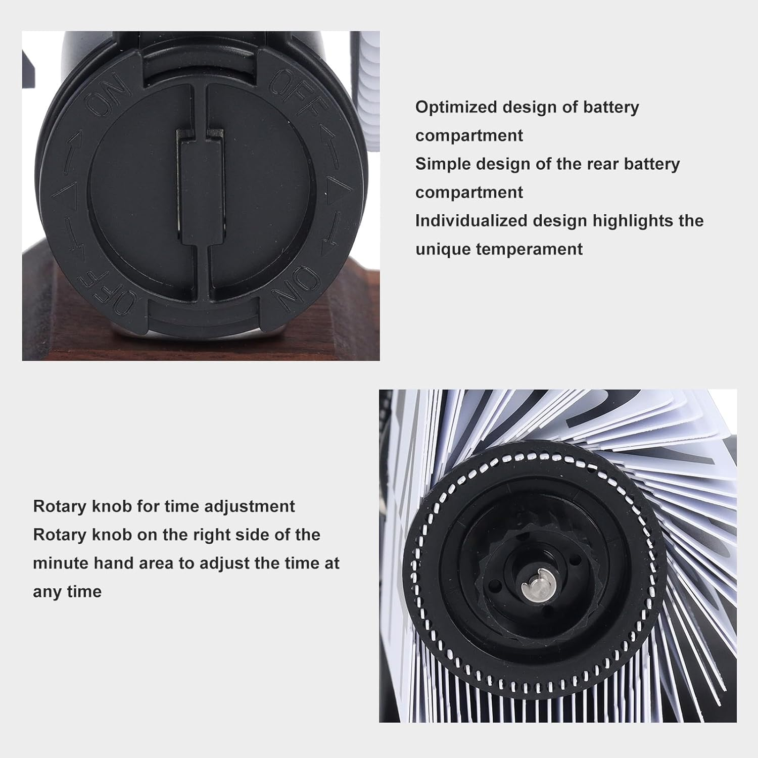 Detailansichten einer Uhr mit Batterieabdeckung und Einstellknopf samt erklärendem Text.