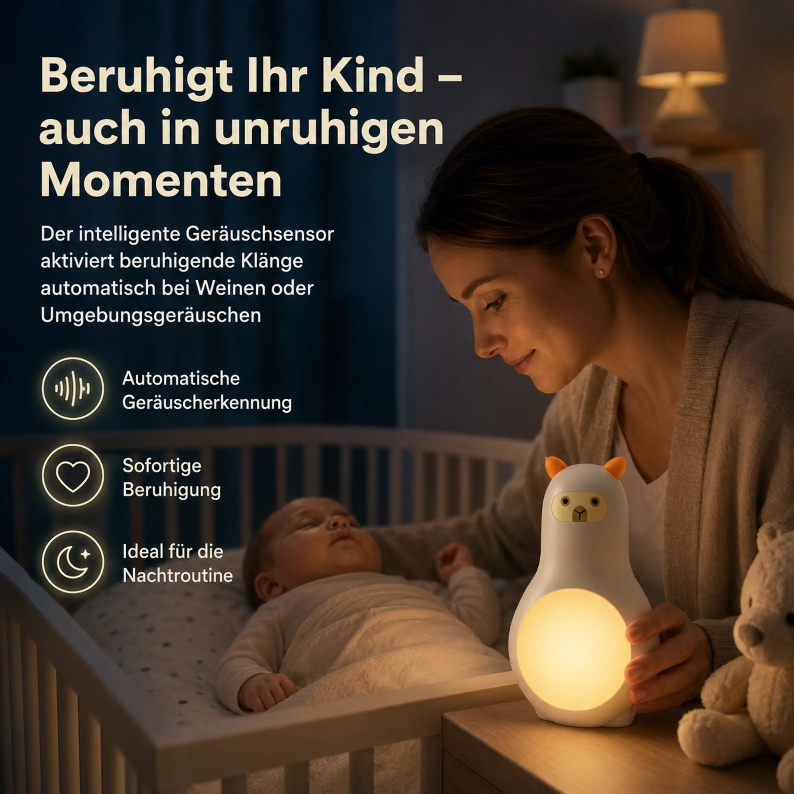 Eine Mutter sitzt am Babybett, beruhigt ihr schlafendes Kind und hält ein Lama-Nachtlicht.