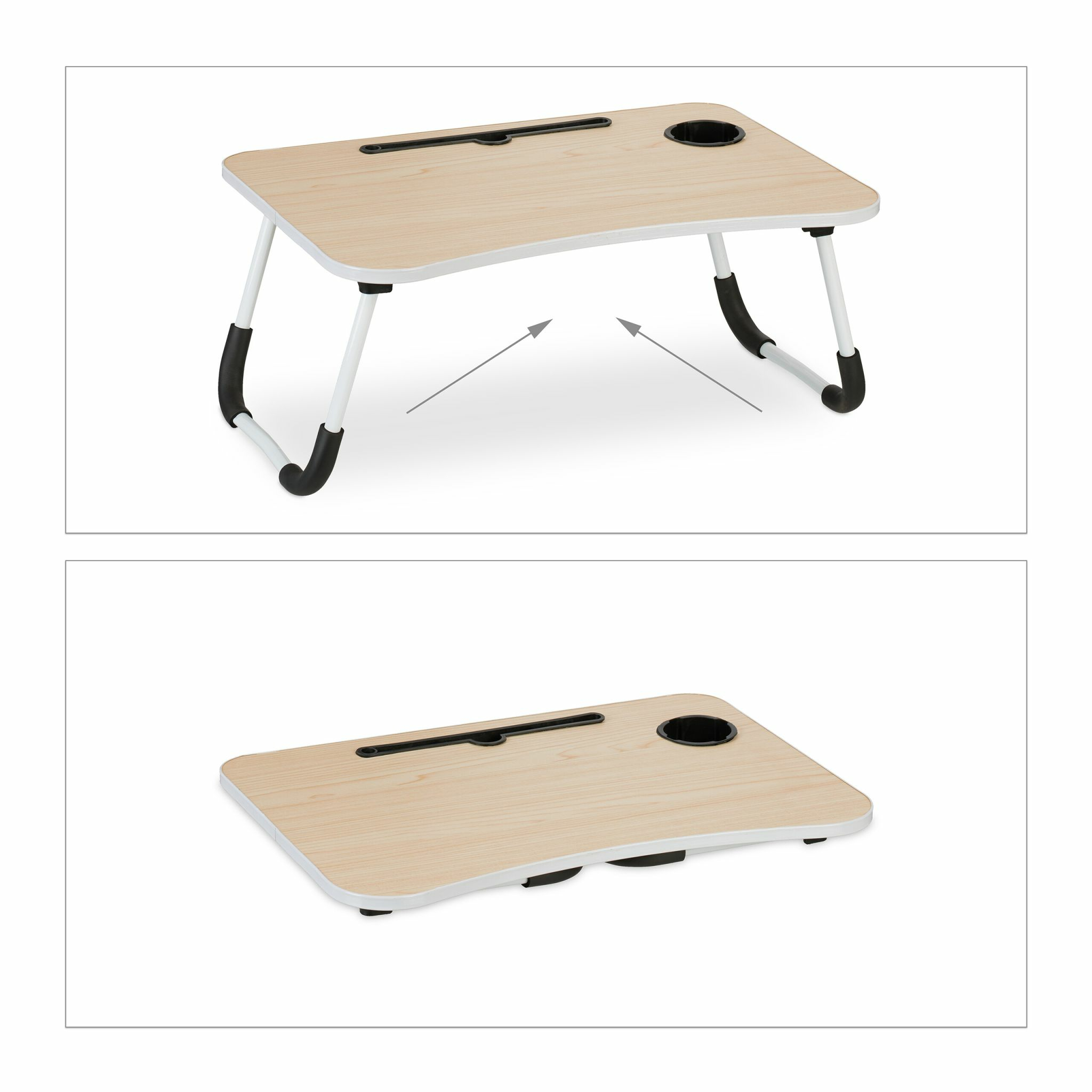 Holzfarbener Betttisch mit zusammenklappbaren weißen Beinen, einem Getränkehalter und einer Tablethalterung.