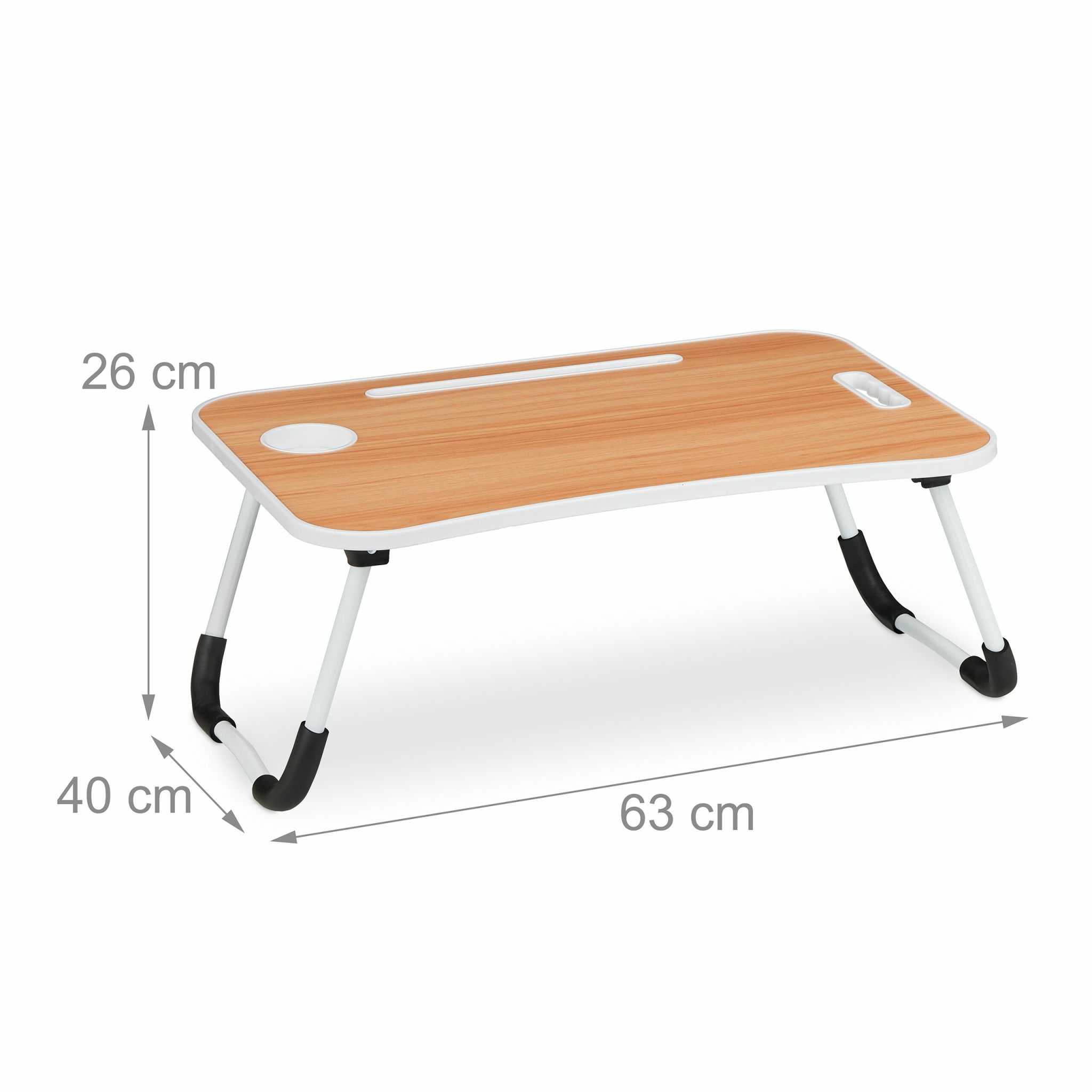 Holzfarbener Klapptisch mit weißen Beinen, Getränkehalter und Maßen von 63x40x26 cm.