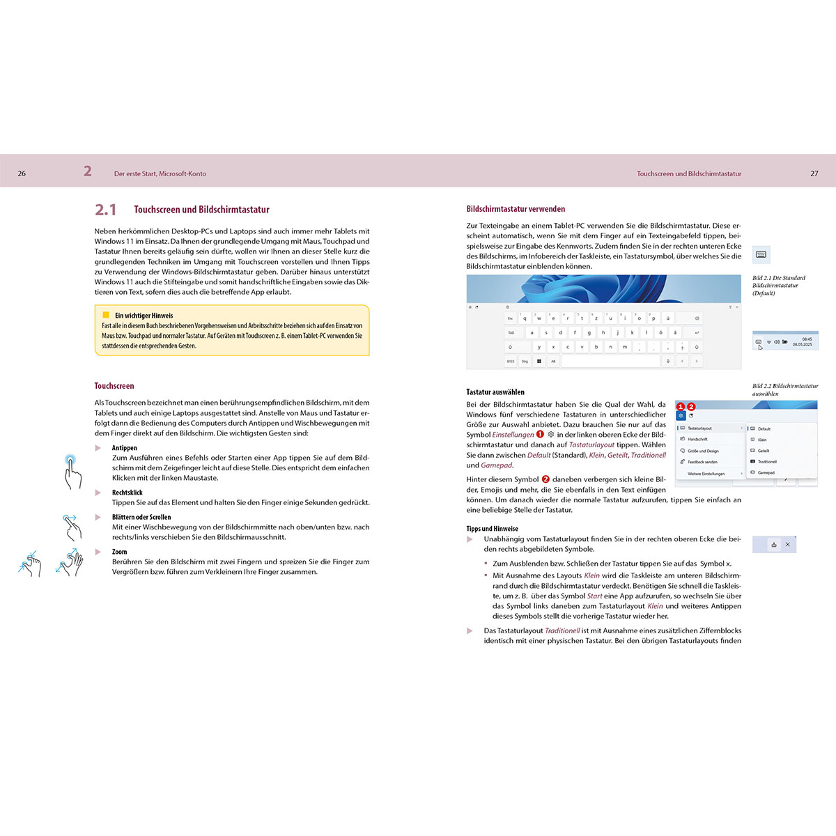 Handbuchseite zu Touchscreen und Bildschirmtastatur unter Windows 11 mit Anweisungen und Symbolen.