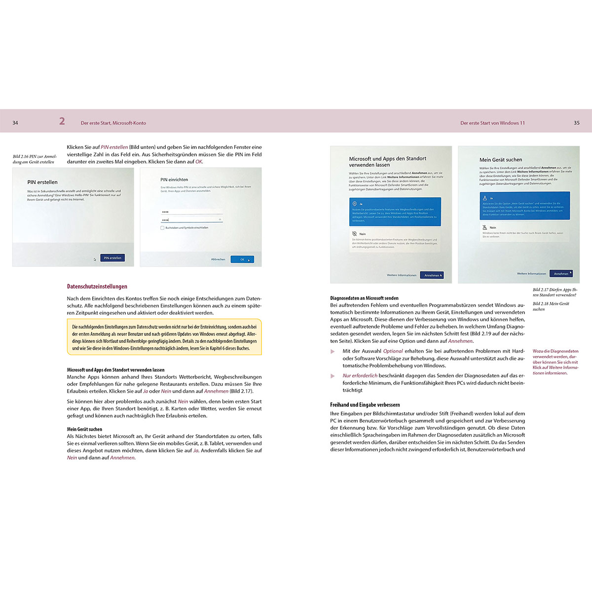Ein Buchseite mit Windows 11 Anleitungen, PIN-Erstellung und Datenschutzeinstellungen.