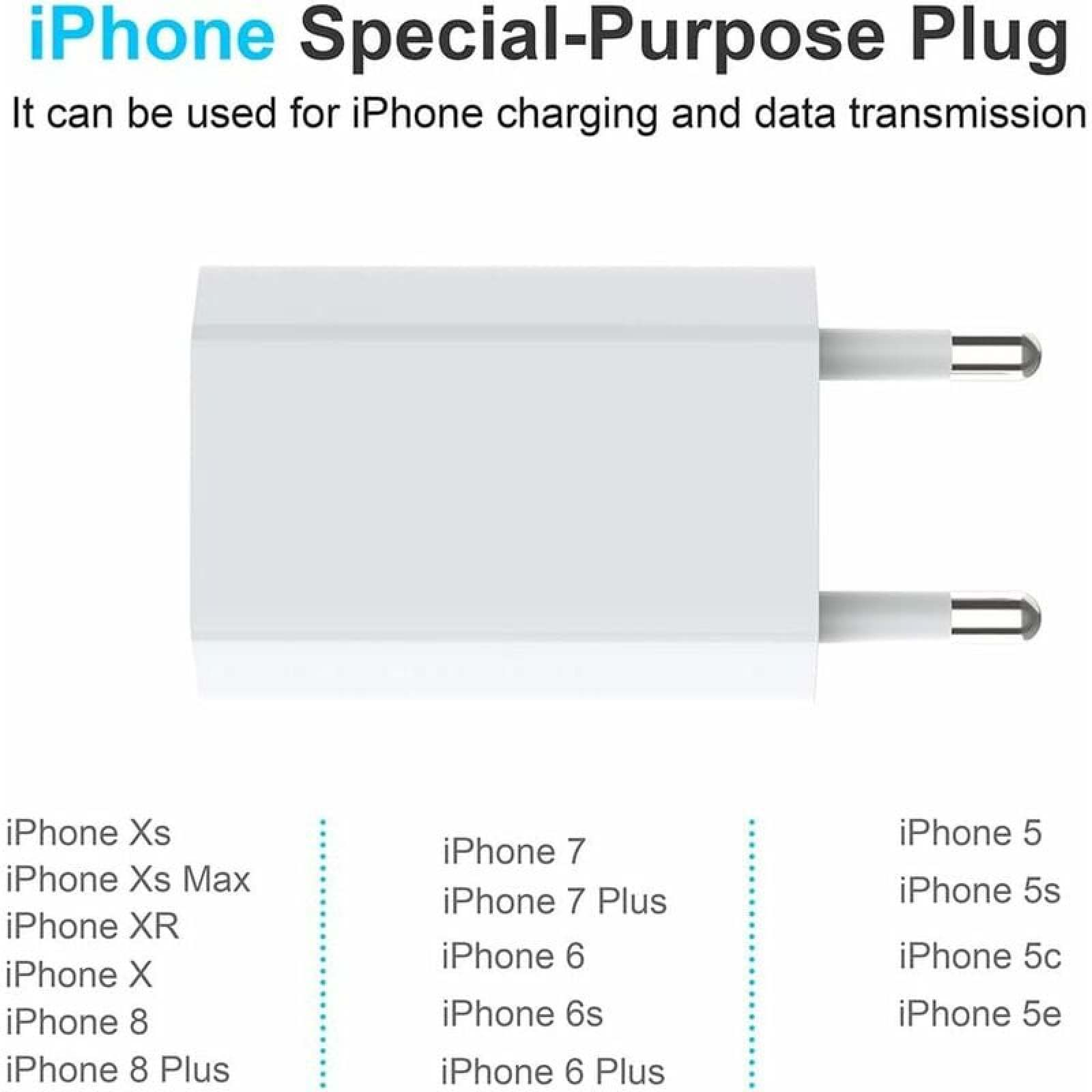 Weißes iPhone-Ladegerät mit EU-Stecker und Kompatibilitätsliste für verschiedene Modelle.