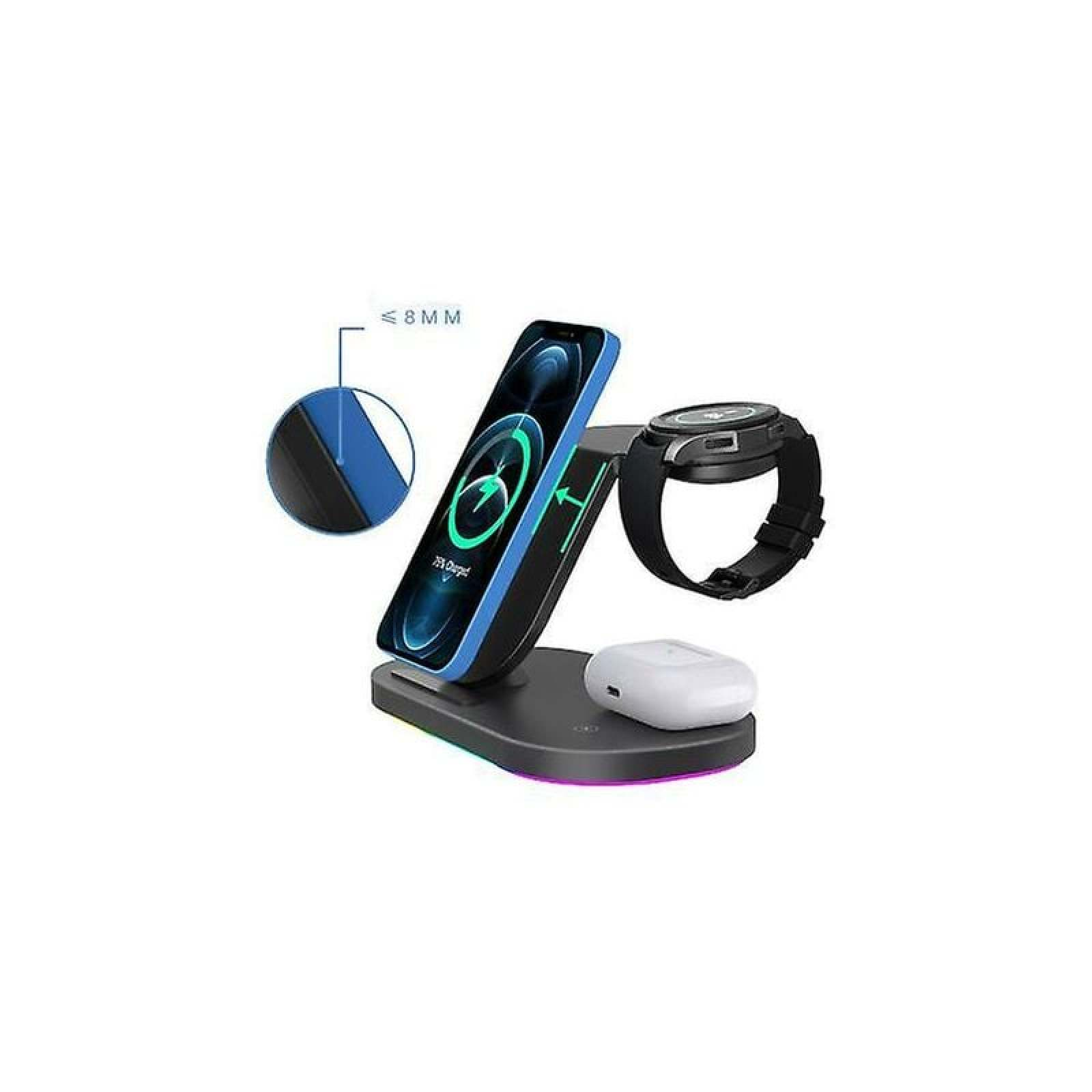 Schwarze kabellose Ladestation mit Smartphone, Smartwatch und Ohrhörern.