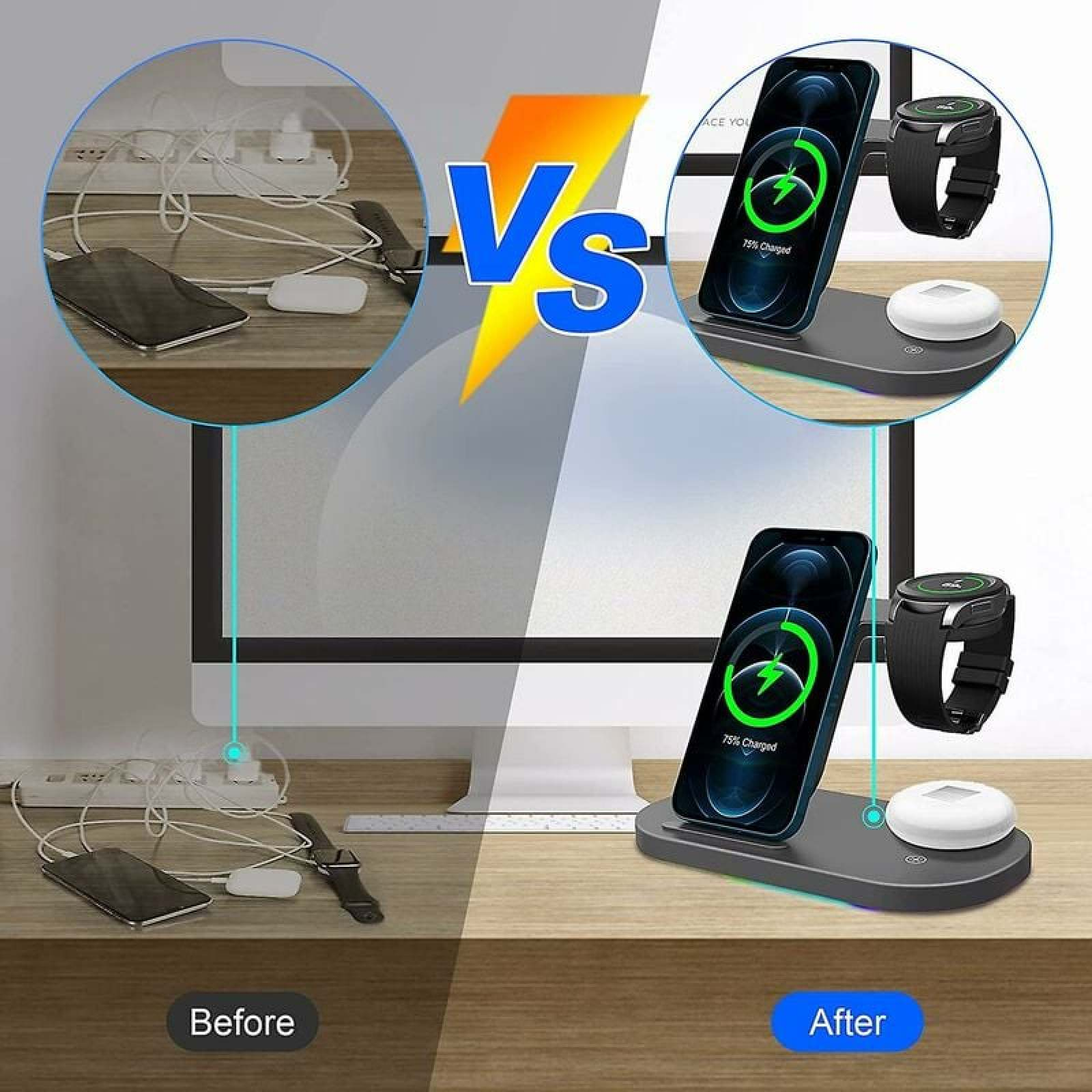 Vergleichsbild: Vorher mit Kabelsalat auf dem Tisch und Nachher mit ordentlicher 3-in-1-Ladestation.