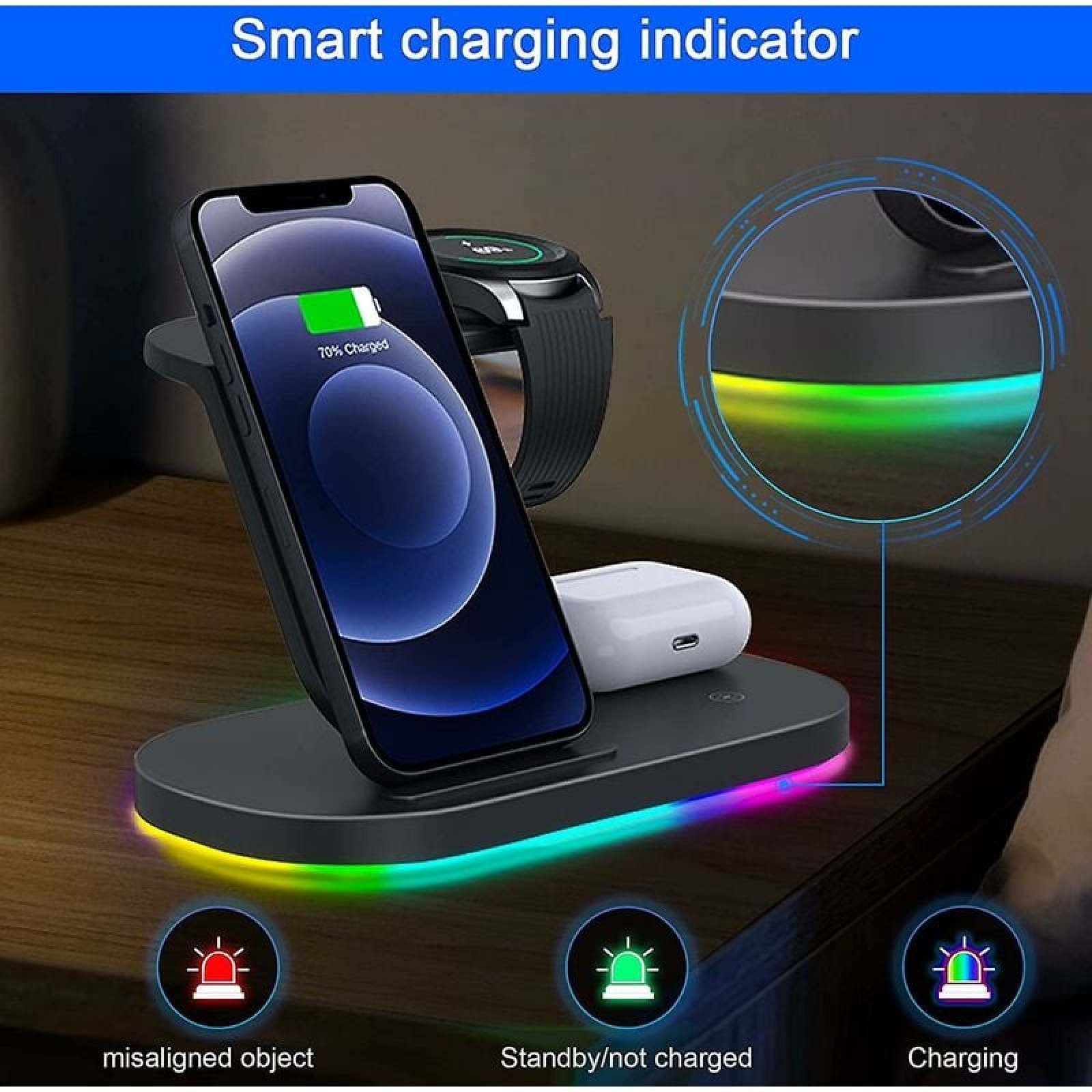 Eine kabellose Ladestation mit Smartphone, Uhr und Kopfhörern zeigt einen bunten Smart Charging Indikator.