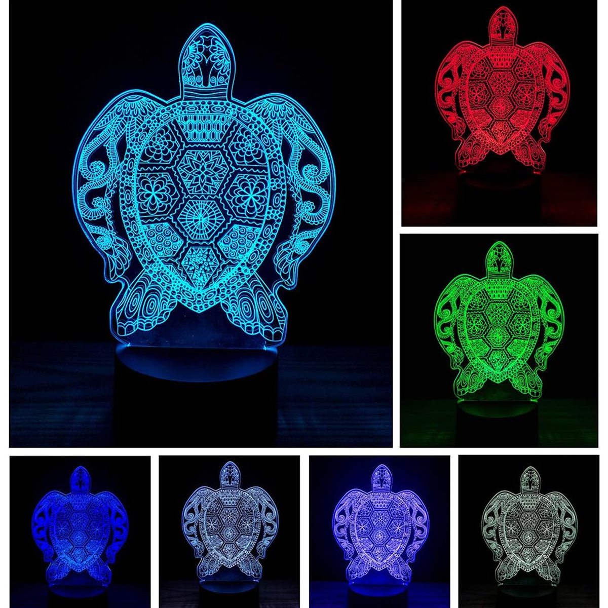 Eine dekorative Schildkröten-Acryllampe, die in verschiedenen Farben wie Blau, Rot, Grün und Weiß leuchtet.