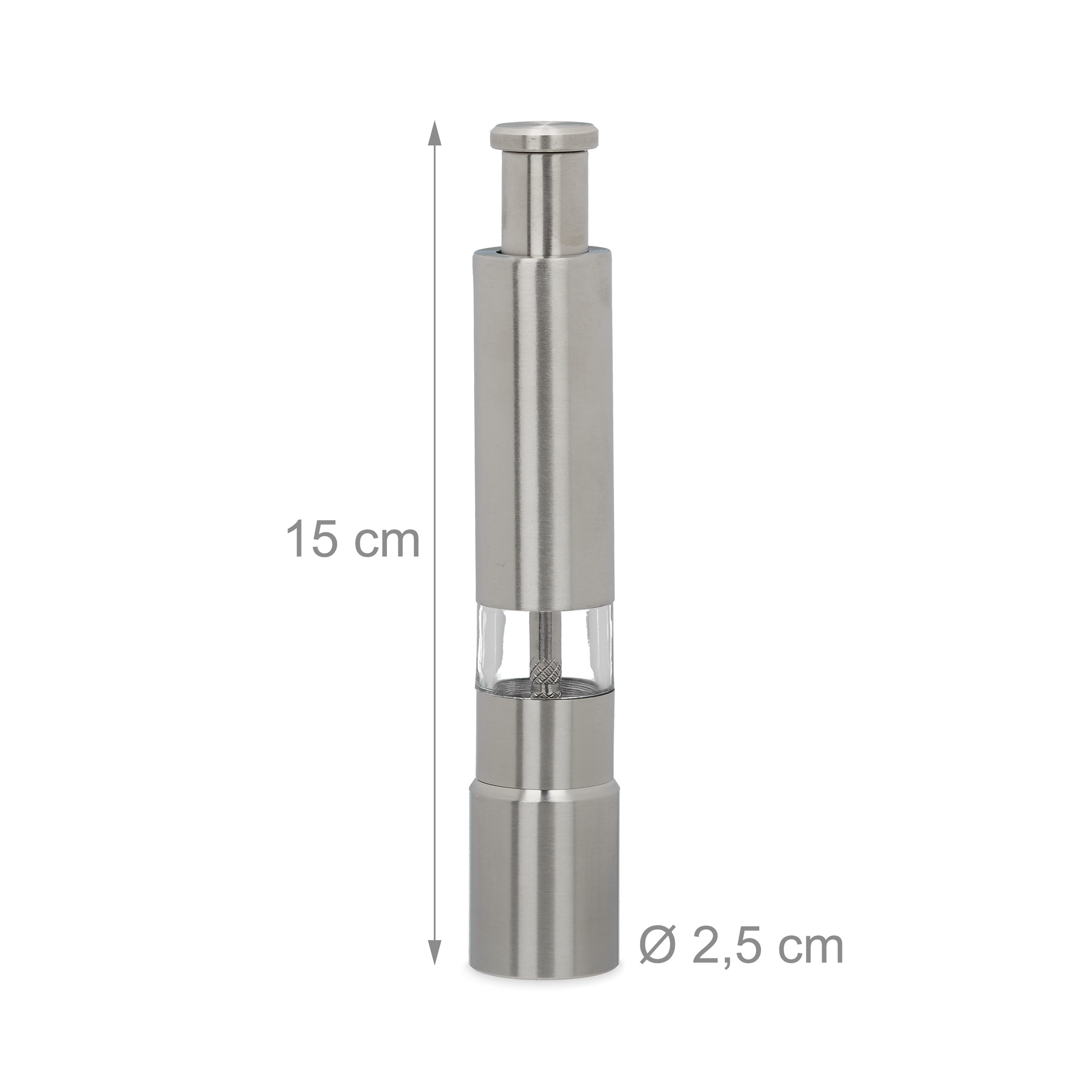 Edelstahl-Pfeffermühle, 15 cm hoch, mit Maßen.