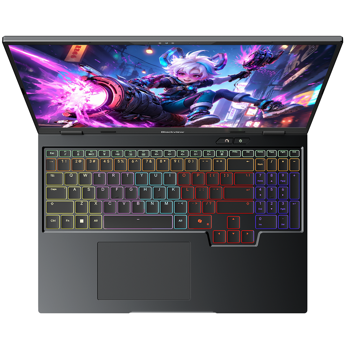 Otwarty laptop z kolorową tapetą dla graczy i podświetlaną klawiaturą RGB.