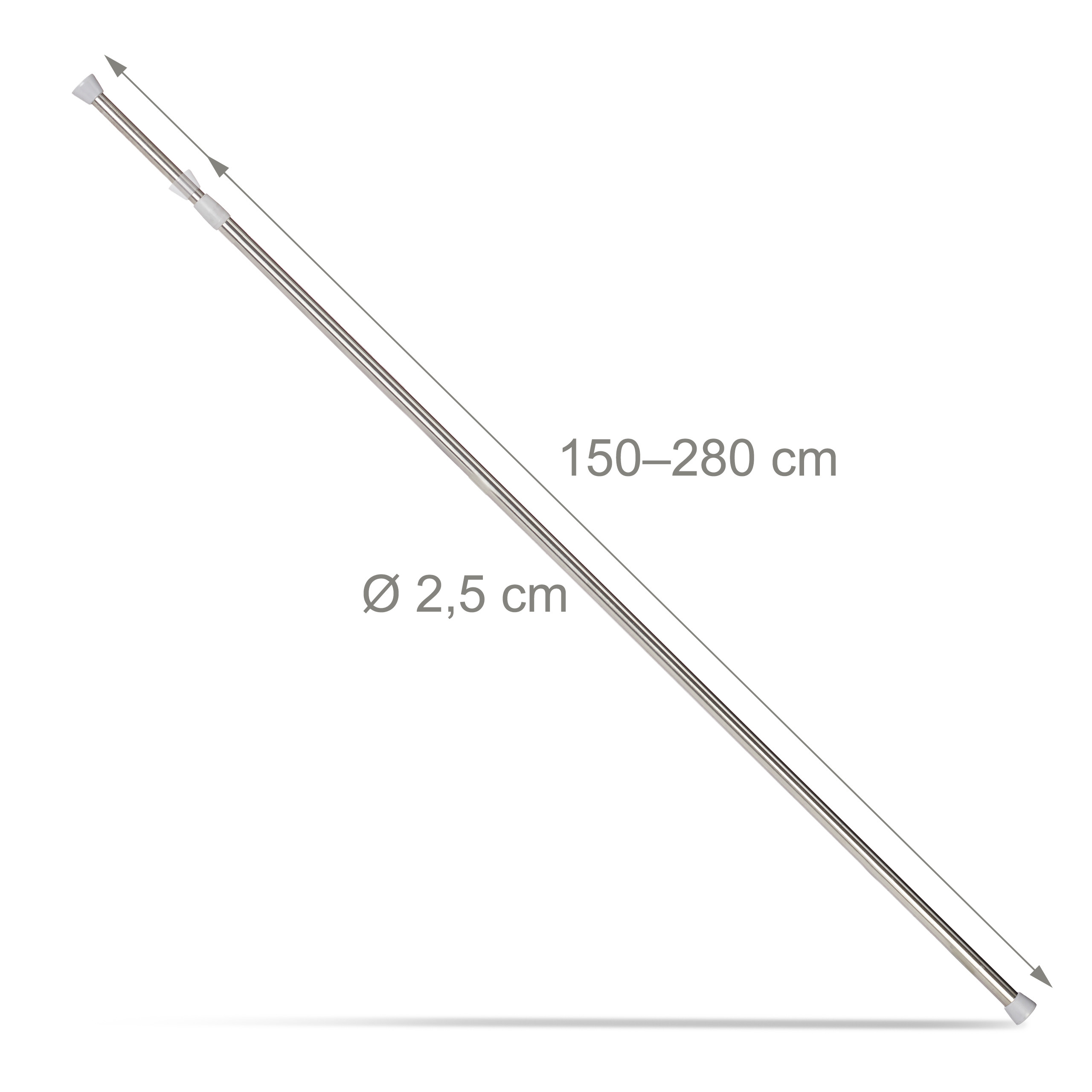 Verstellbare silberne Duschstange, Länge 150-280 cm, Durchmesser 2,5 cm.