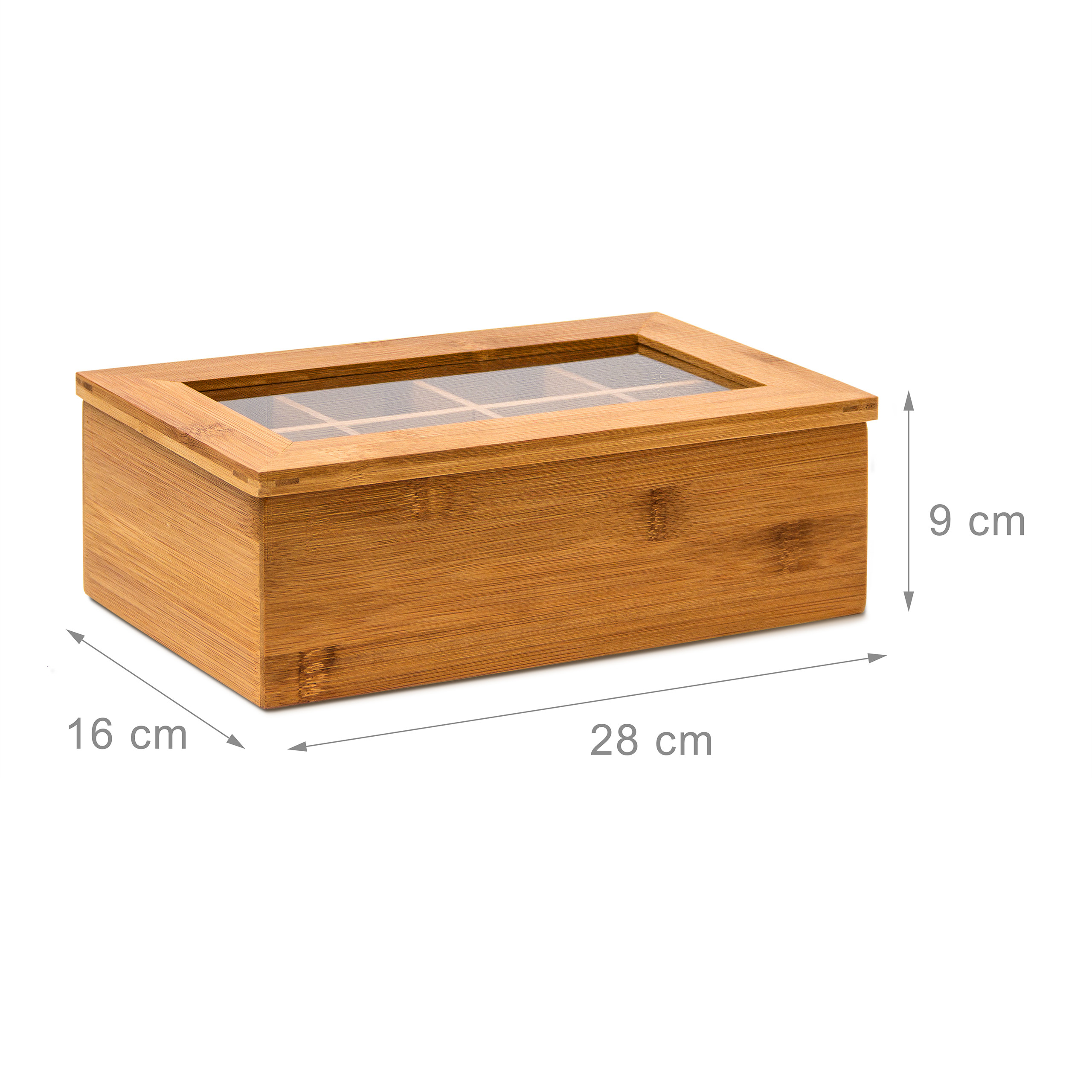 Bambus-Tee-Box mit Glasdeckel und Maßen: 28 cm Länge, 16 cm Breite, 9 cm Höhe.