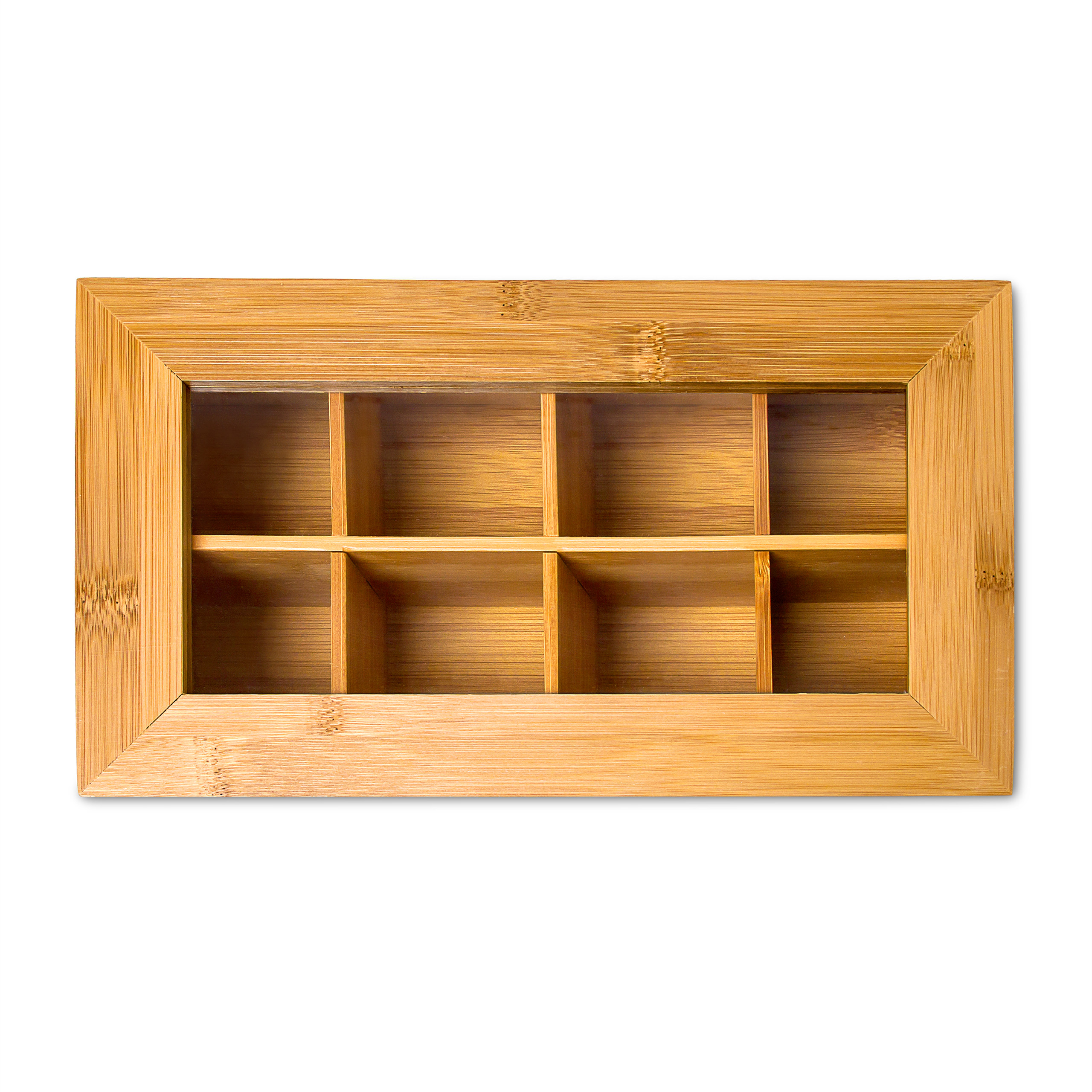 Eine rechteckige Teebox aus Holz mit Glasdeckel und acht Fächern vor weißem Hintergrund.