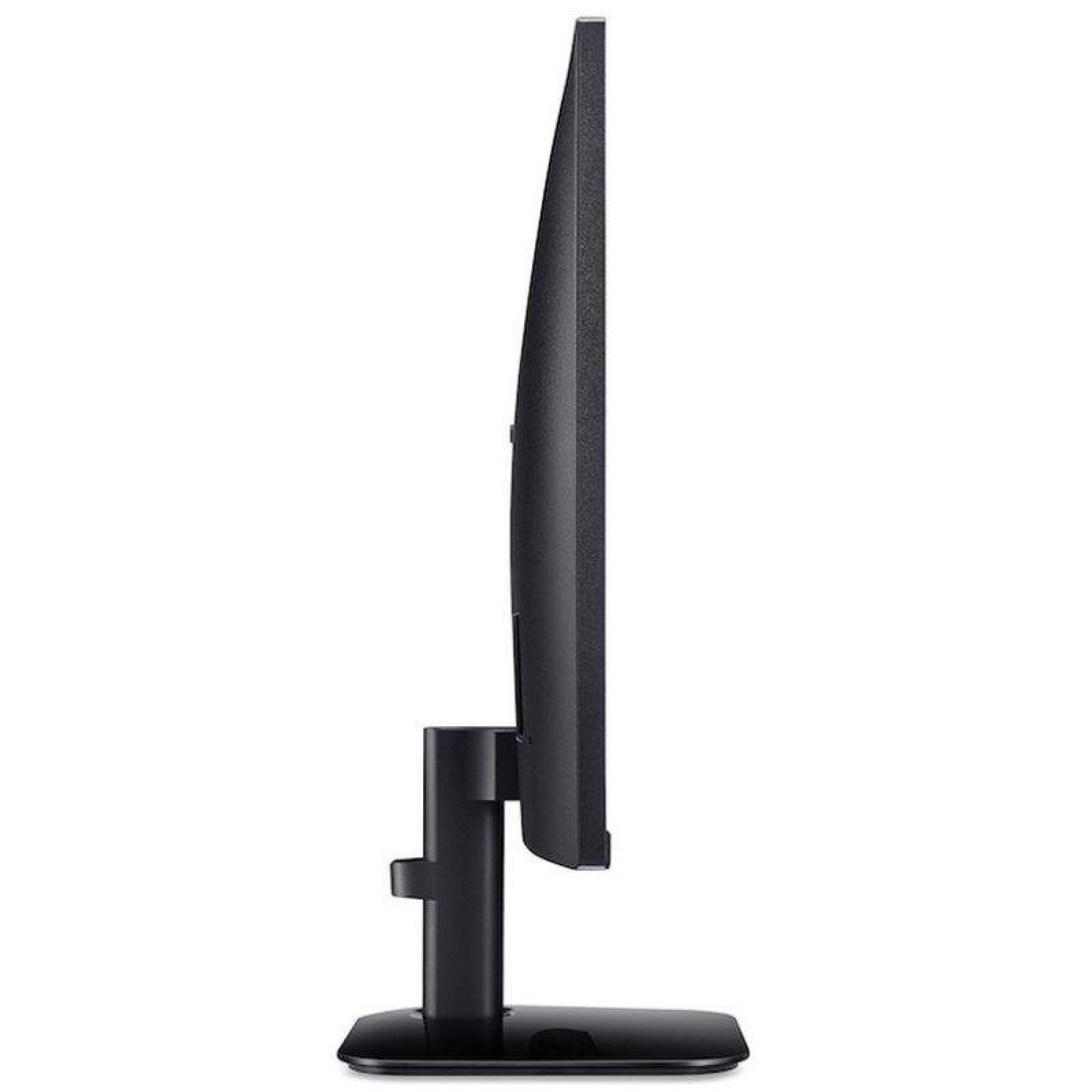 Vista laterale di un monitor per computer nero su supporto con sfondo bianco.