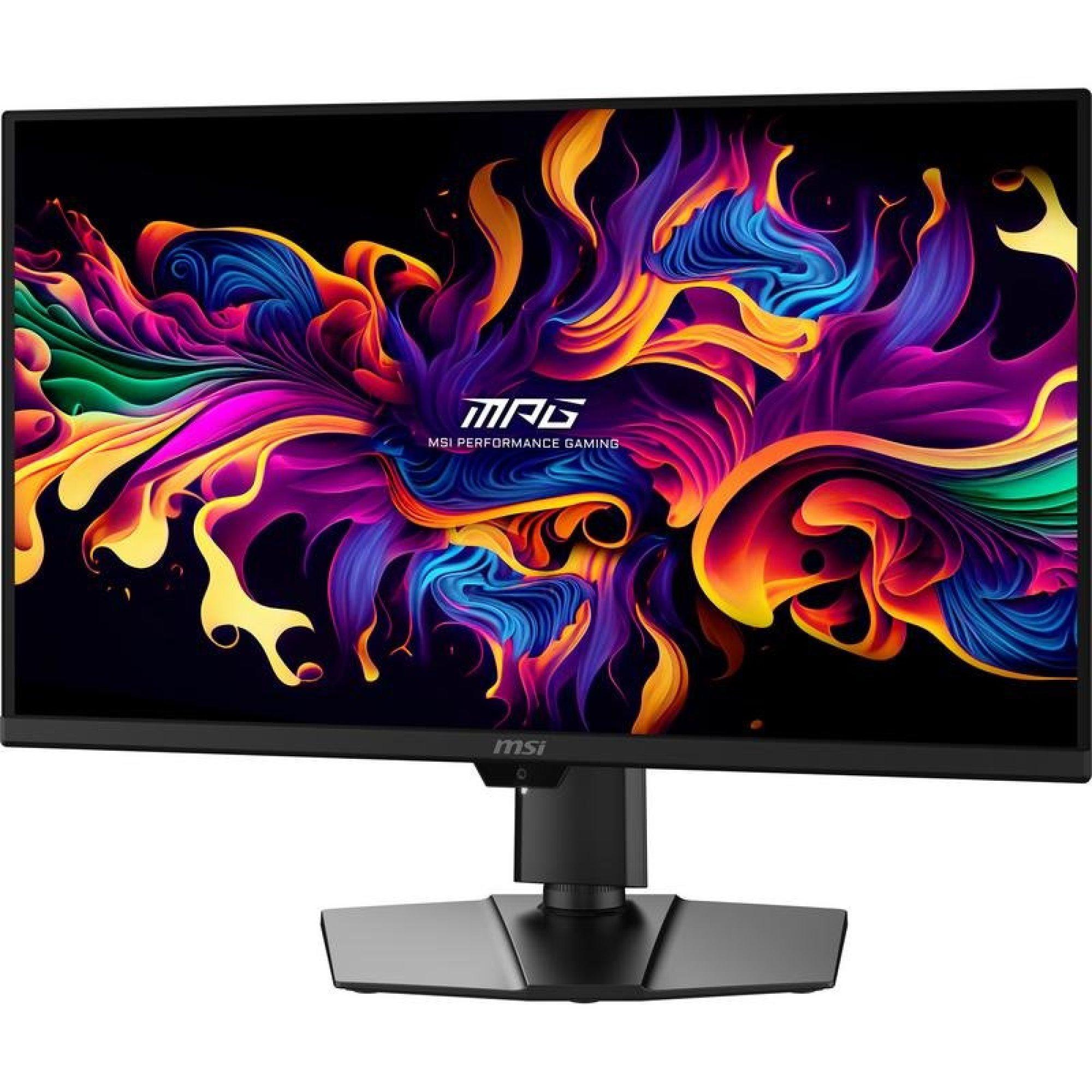 Un monitor da gioco MSI mostra uno sfondo colorato e astratto simile al fumo.