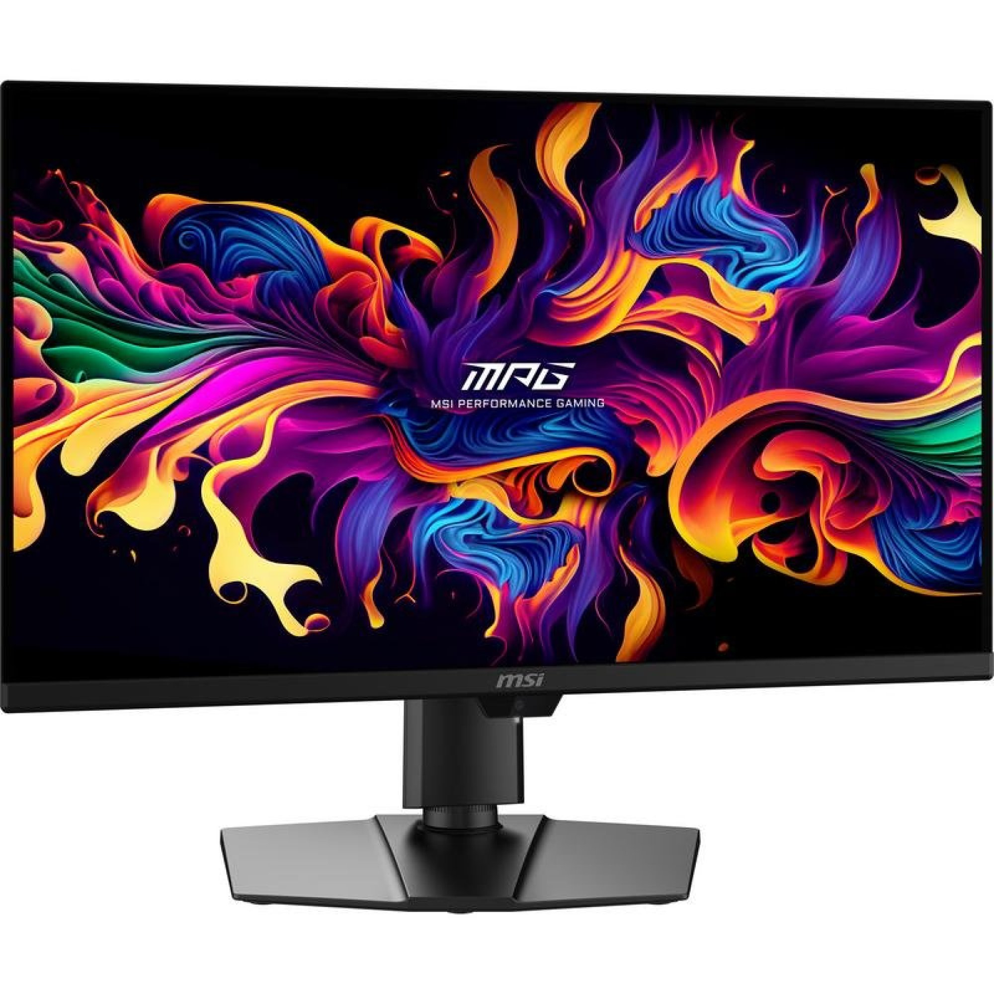Monitor da gioco MSI che mostra un vortice di pittura astratto e colorato con il logo MPG.