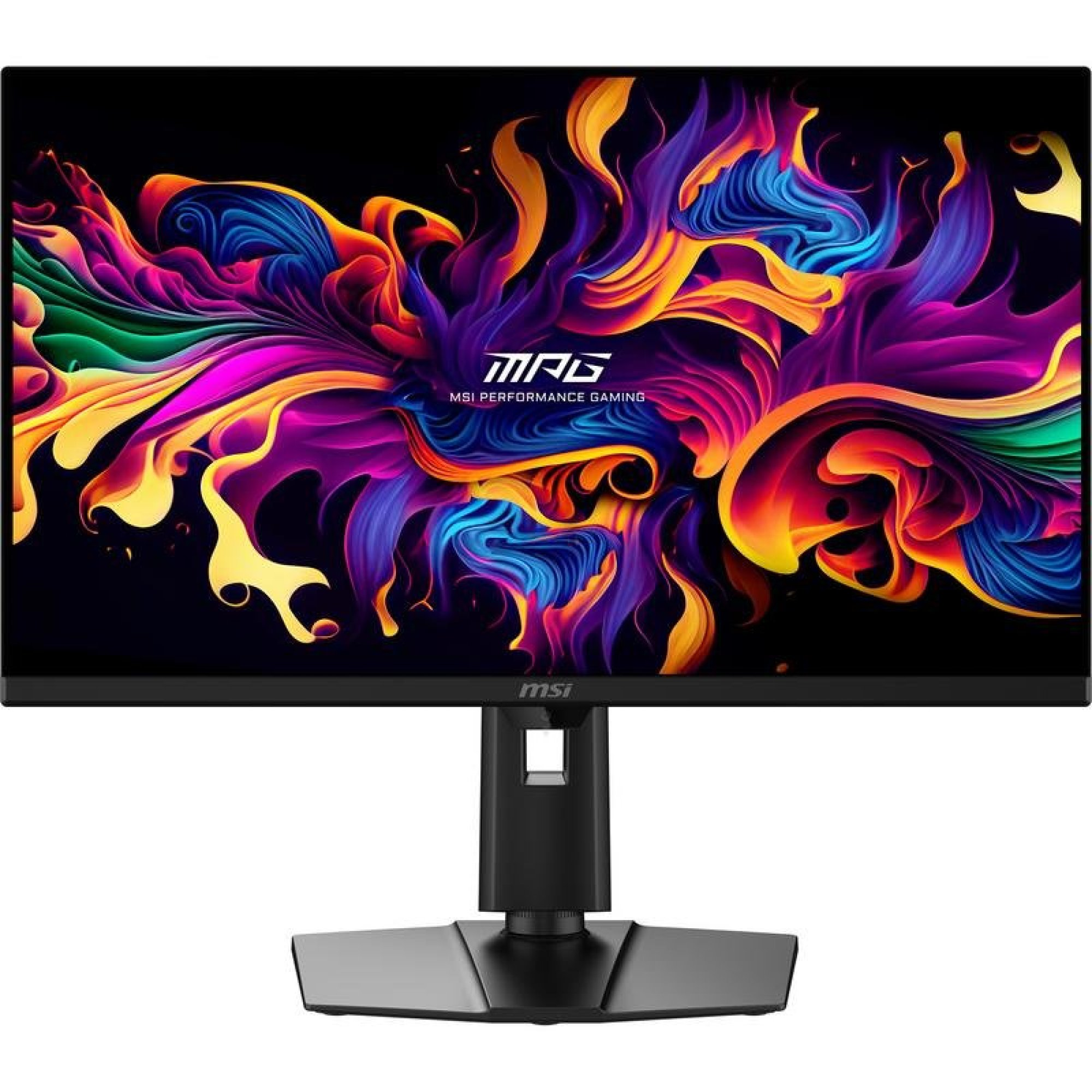 Un monitor da gioco MSI mostra uno sfondo astratto vivace e colorato con onde fluide di arancione, blu e viola.