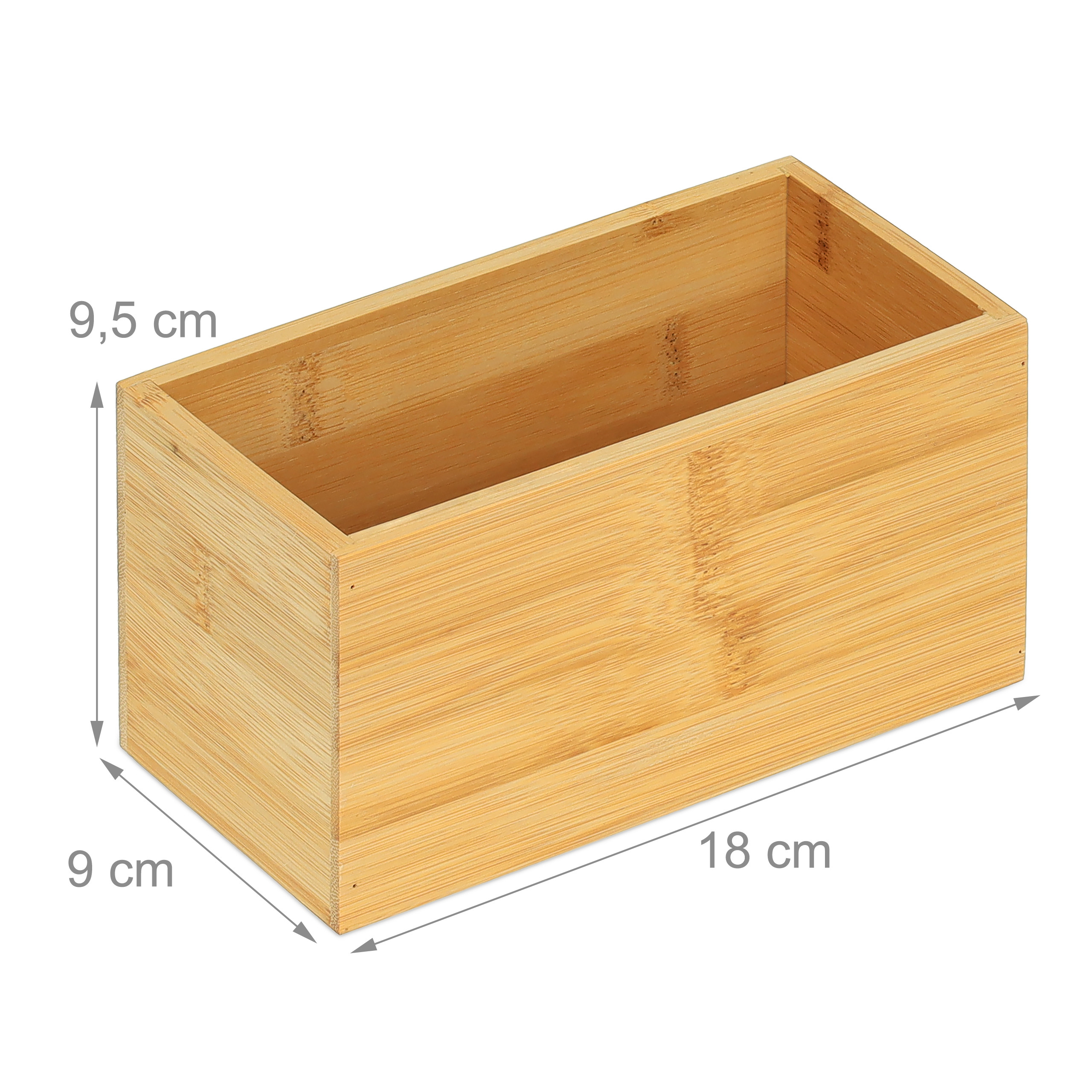 Rechteckige Bambus-Aufbewahrungsbox mit Maßen 18x9x9,5 cm auf weißem Grund.