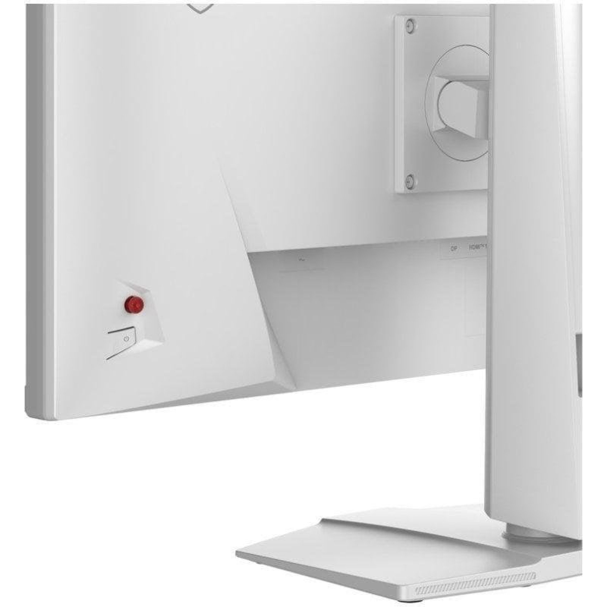 Retro di un monitor bianco con un pulsante rosso e supporto.