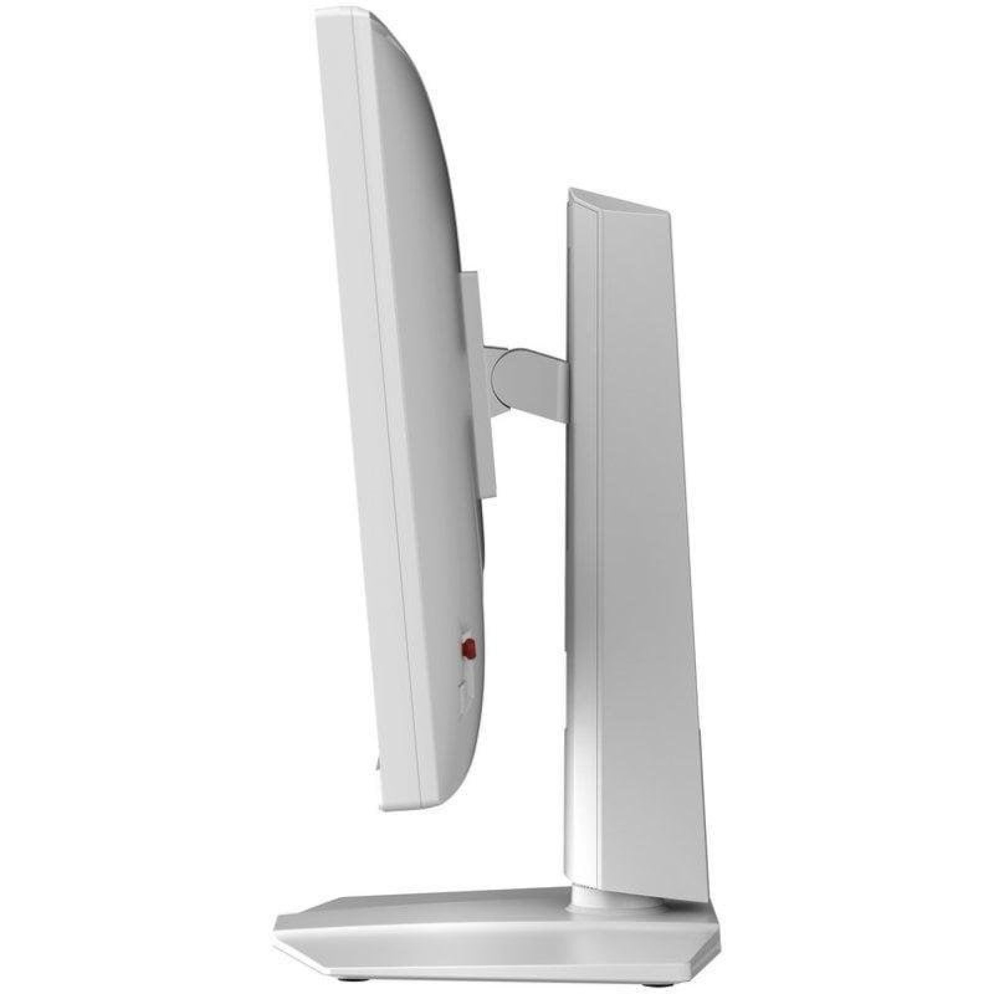 Vista laterale di un monitor di computer bianco su supporto con sfondo bianco.