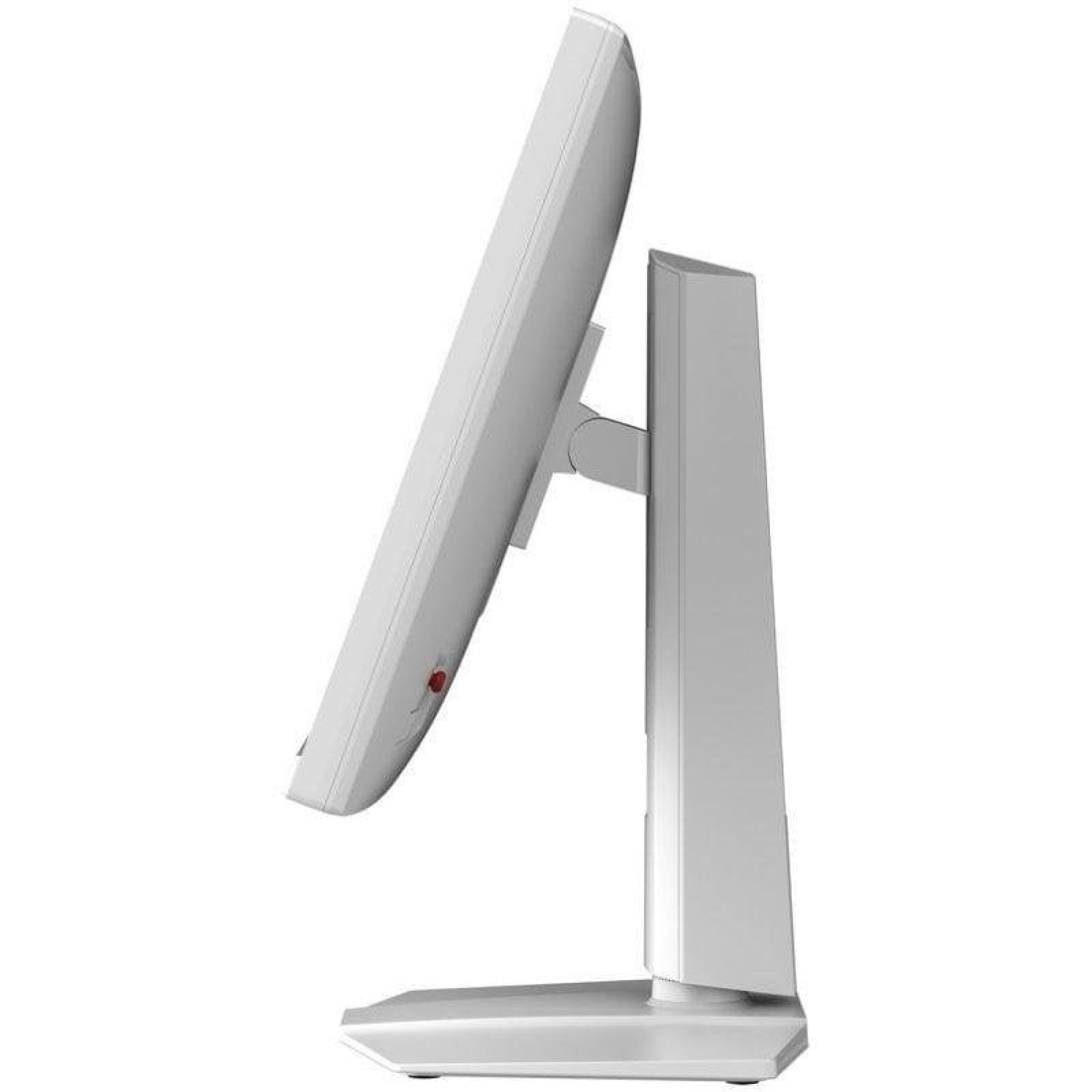 Vista laterale di un monitor di computer bianco su supporto con un piccolo pulsante rosso.