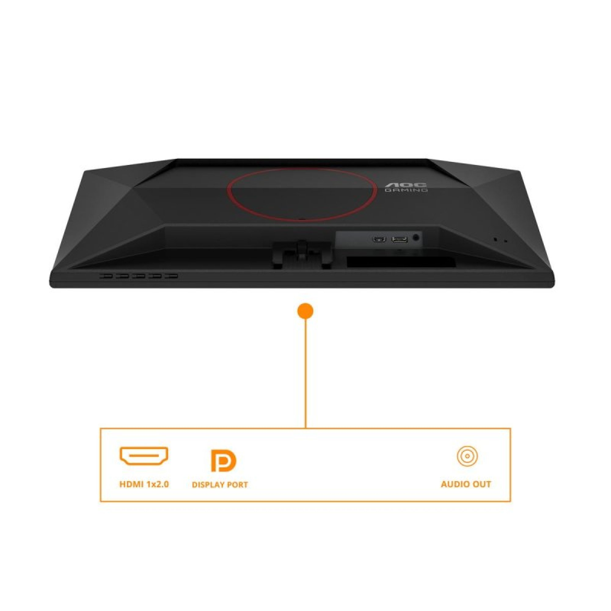 Tył monitora gamingowego AOC z portami HDMI, DisplayPort i wyjściem audio oraz schematem.